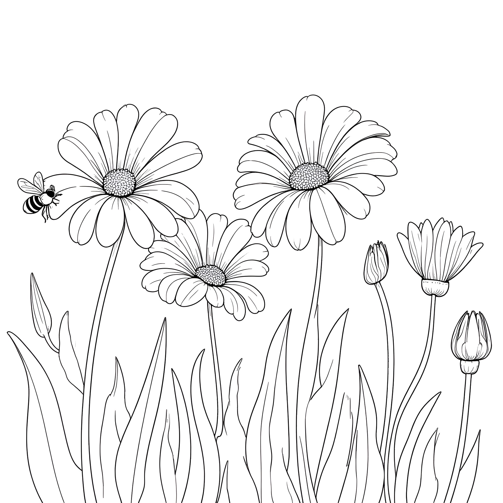 Bee exploring the vibrant daisy garden Coloring Page (free black-and-white line drawing printable PDF for all, from beginners to advanced learners, including children, teens, adults, and seniors)