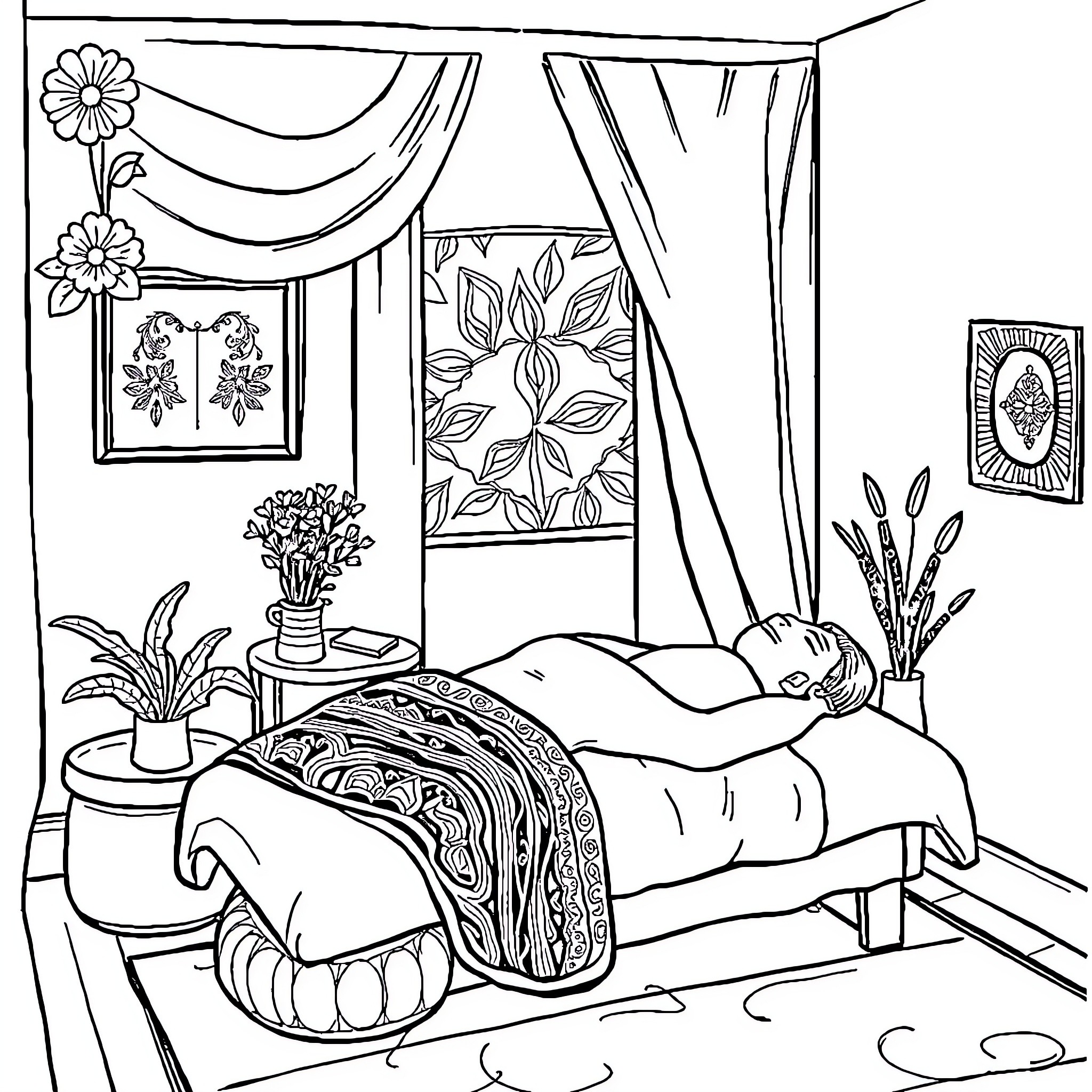 Massage Therapist performing relaxing treatment in cozy room Coloring Page (free black-and-white line drawing printable PDF for all, from beginners to advanced learners, including children, teens, adults, and seniors)