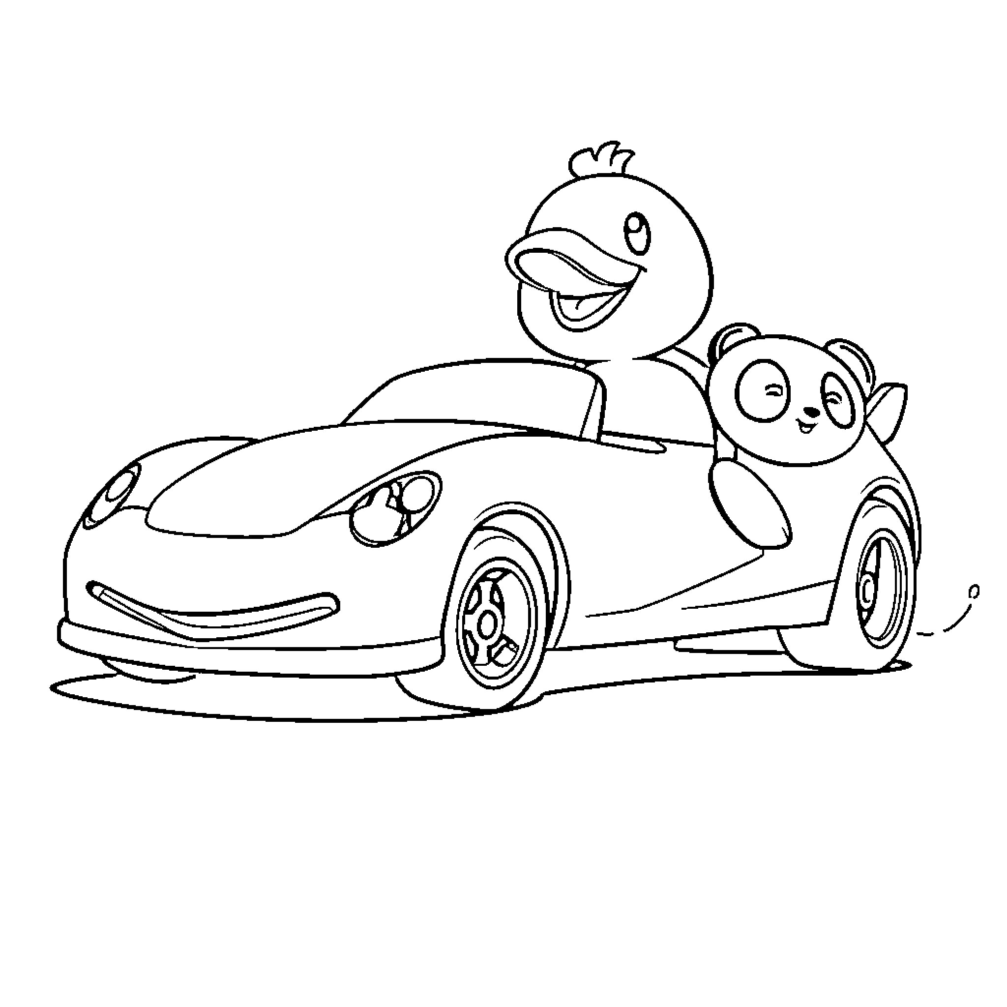 Car with Playful Animal Companions Coloring Page (free black-and-white line drawing printable PDF for all, from beginners to advanced learners, including children, teens, adults, and seniors)