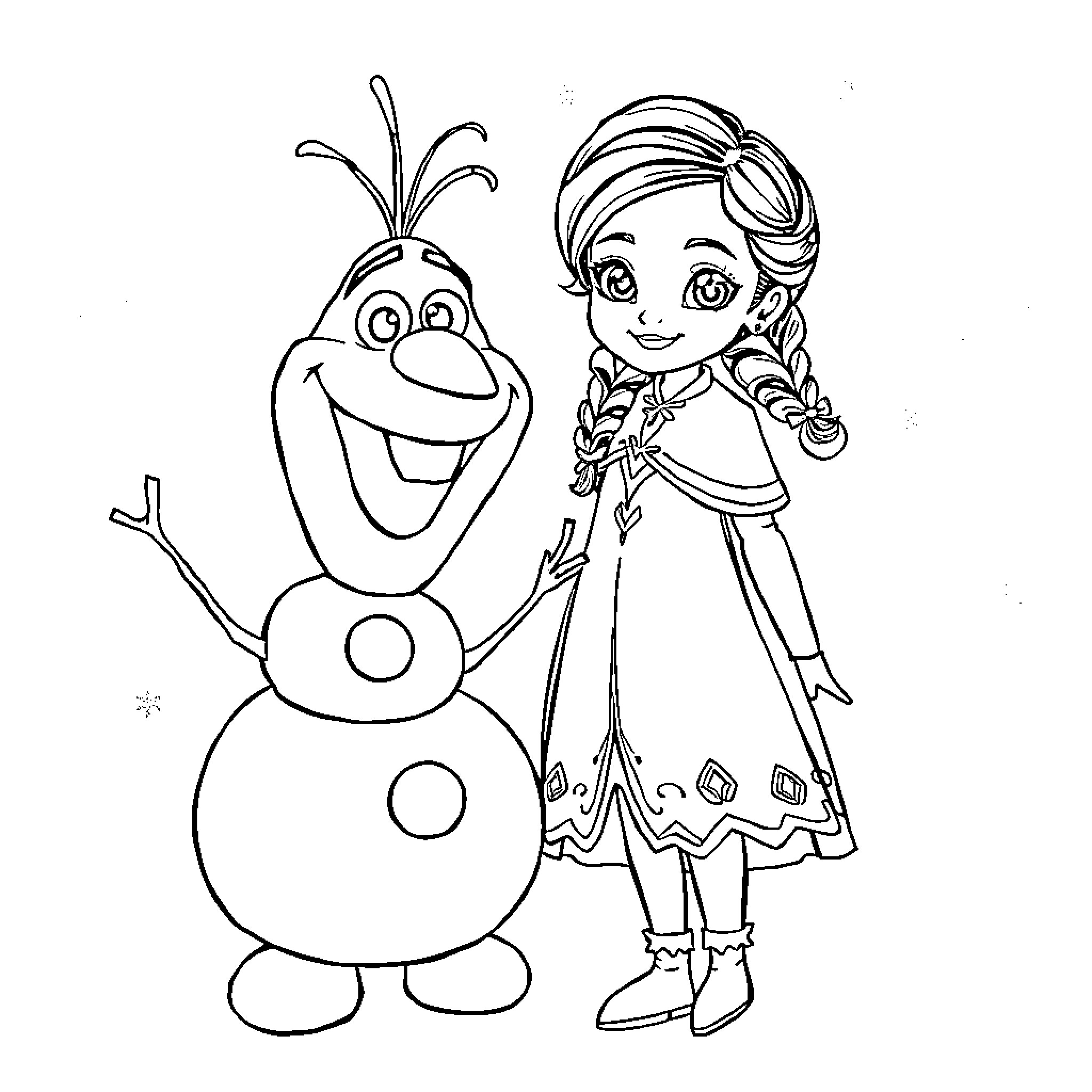 Princess and Snowman Enjoying a Winter Moment Coloring Page (free black-and-white line drawing printable PDF for all, from beginners to advanced learners, including children, teens, adults, and seniors)