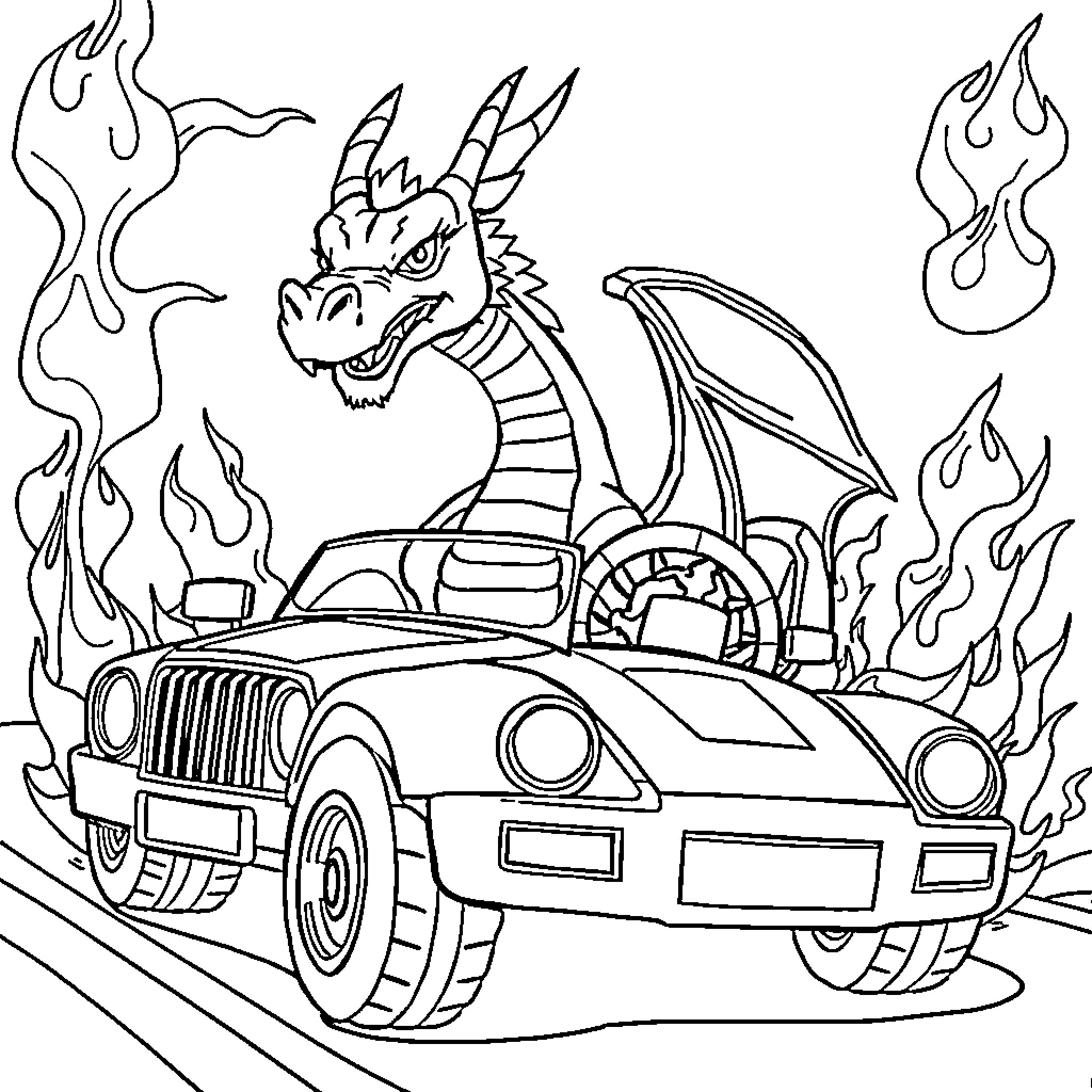 Dragon driving a car through flames Coloring Page (free black-and-white line drawing printable PDF for all, from beginners to advanced learners, including children, teens, adults, and seniors)
