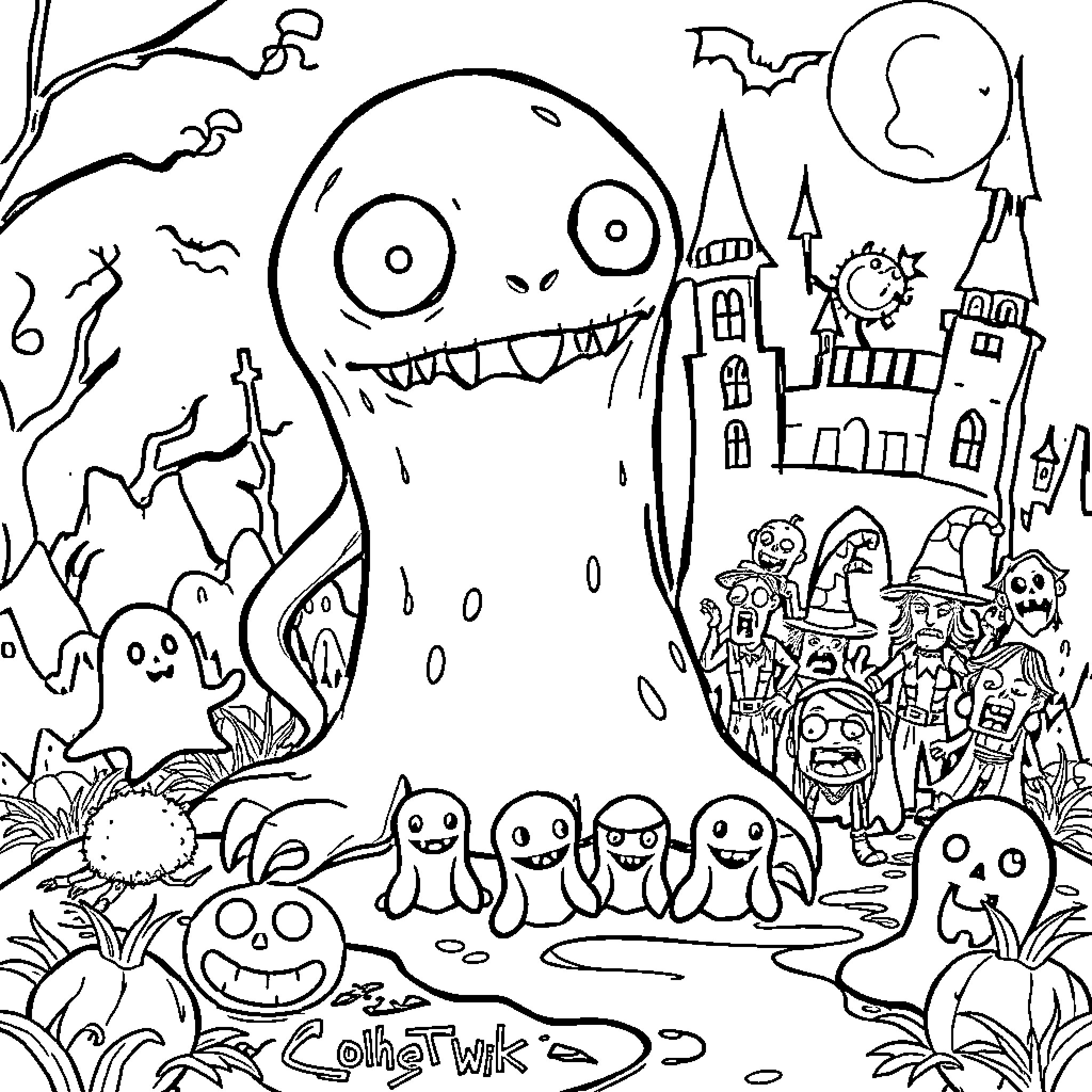 Booger Monster explores a spooky Halloween town Coloring Page (free black-and-white line drawing printable PDF for all, from beginners to advanced learners, including children, teens, adults, and seniors)