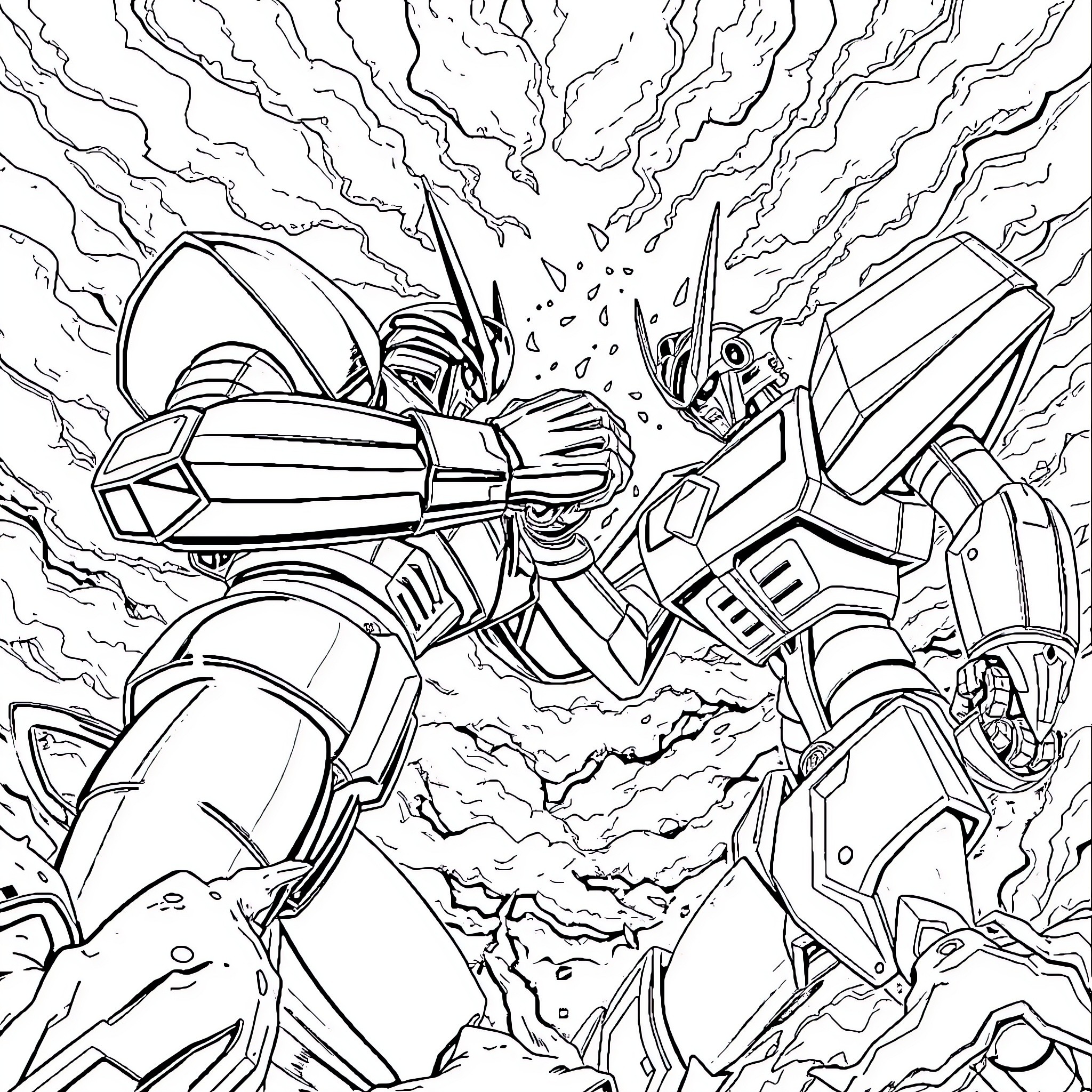 Mazinger Robots in Epic Battle Coloring Page (free black-and-white line drawing printable PDF for all, from beginners to advanced learners, including children, teens, adults, and seniors)