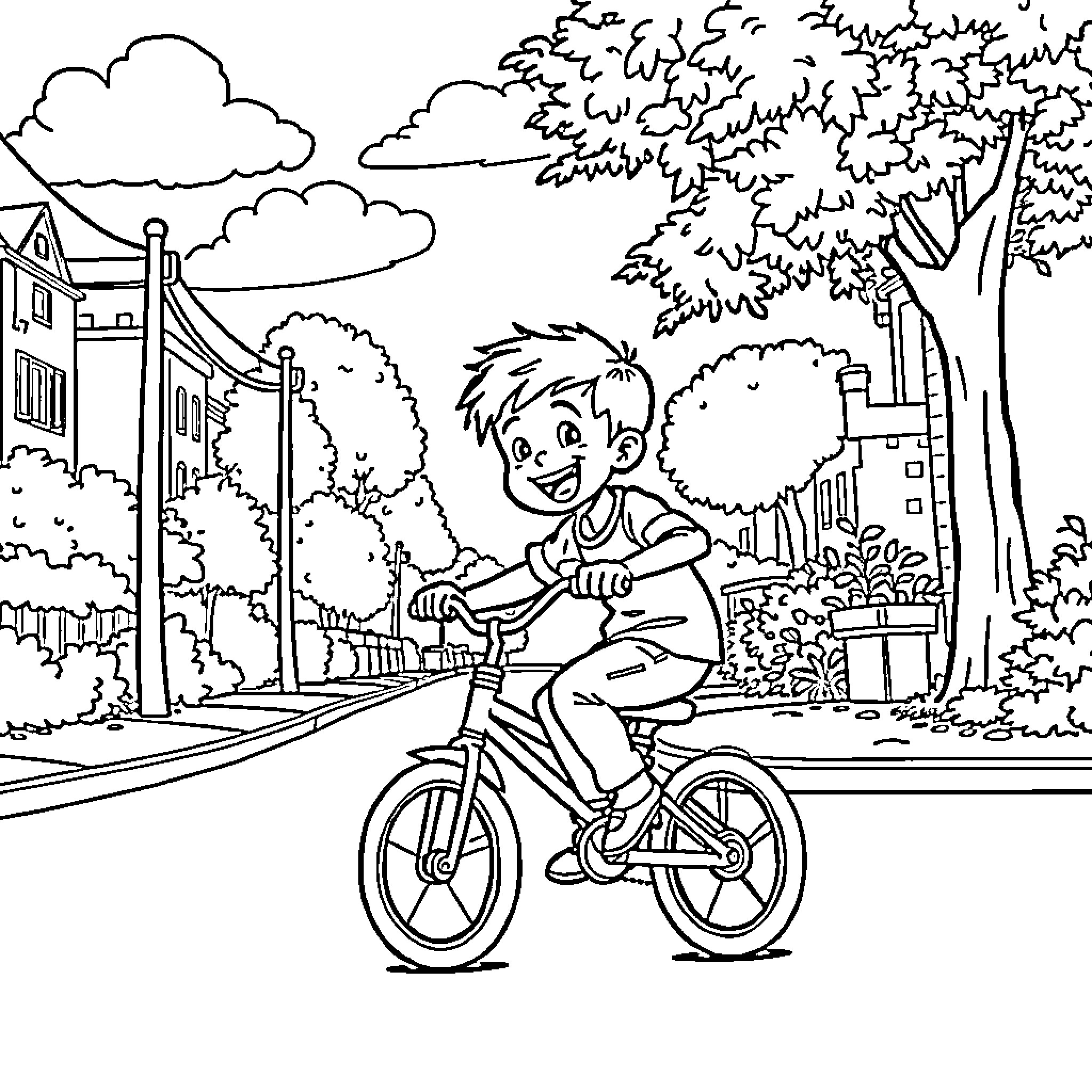 Boy riding bicycle through neighborhood Coloring Page (free black-and-white line drawing printable PDF for all, from beginners to advanced learners, including children, teens, adults, and seniors)