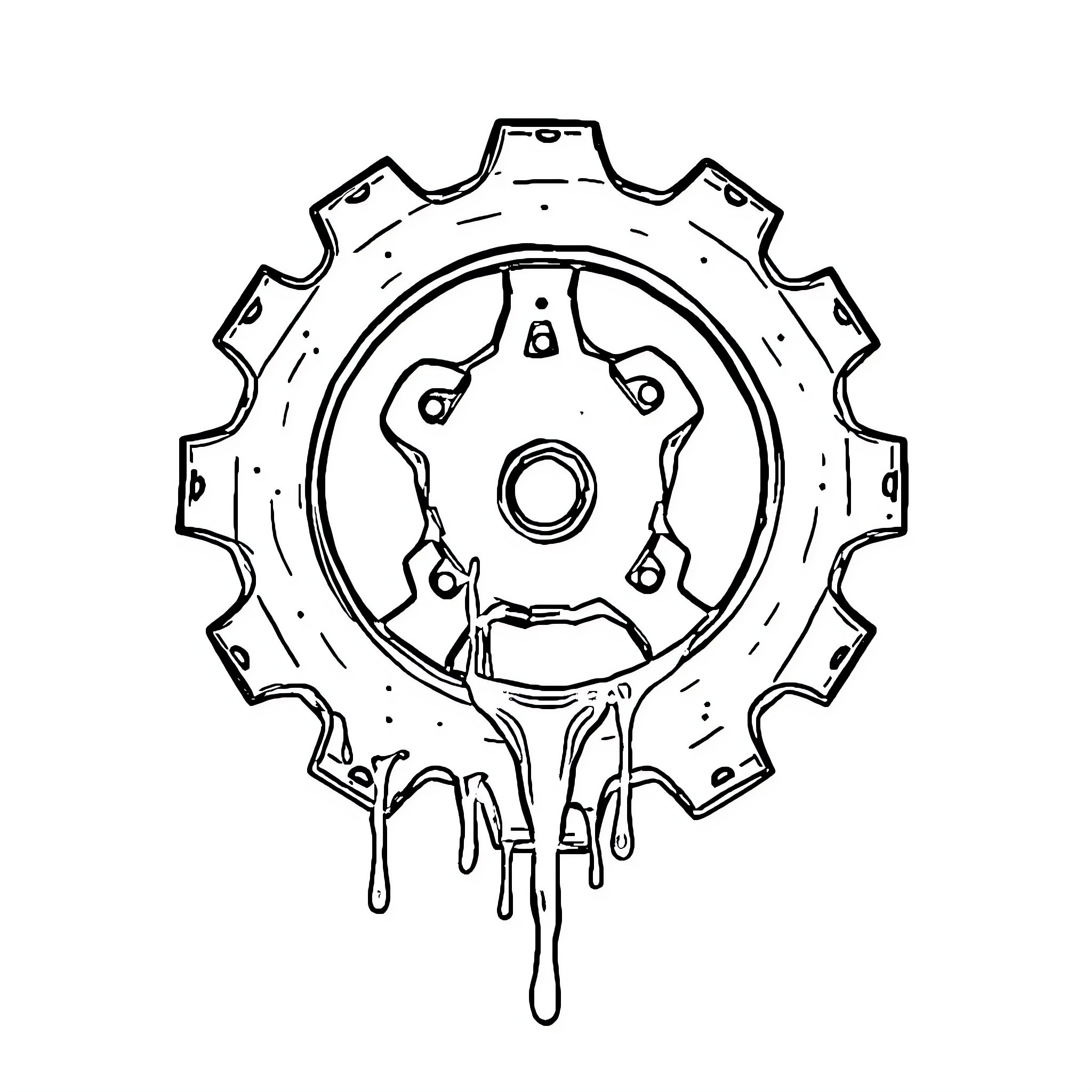 Insignia of a Dripping Mechanical Gear Coloring Page (free black-and-white line drawing printable PDF for all, from beginners to advanced learners, including children, teens, adults, and seniors)