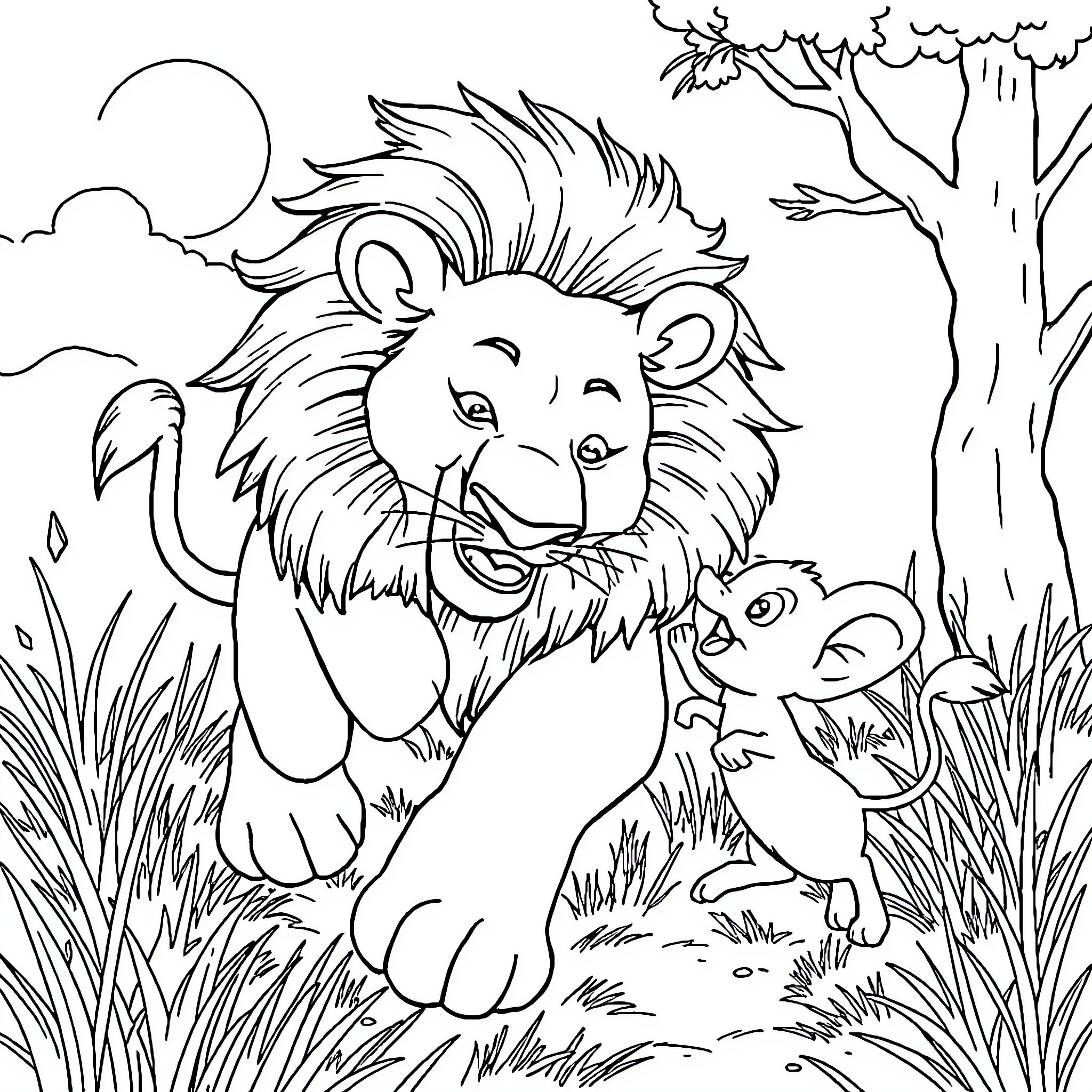 Lion and Mouse Playing in the Jungle Coloring Page (free black-and-white line drawing printable PDF for all, from beginners to advanced learners, including children, teens, adults, and seniors)