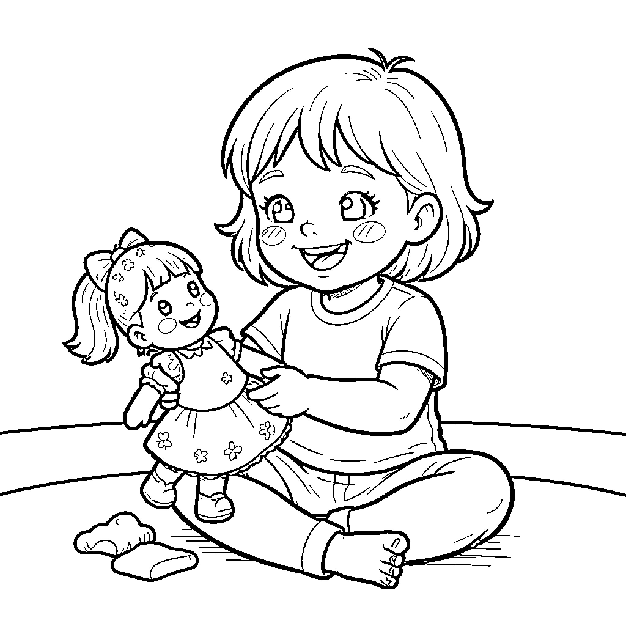 طفلة تبتسم وهي تلعب بدميتها المفضلة Coloring Page (free black-and-white line drawing printable PDF for all, from beginners to advanced learners, including children, teens, adults, and seniors)