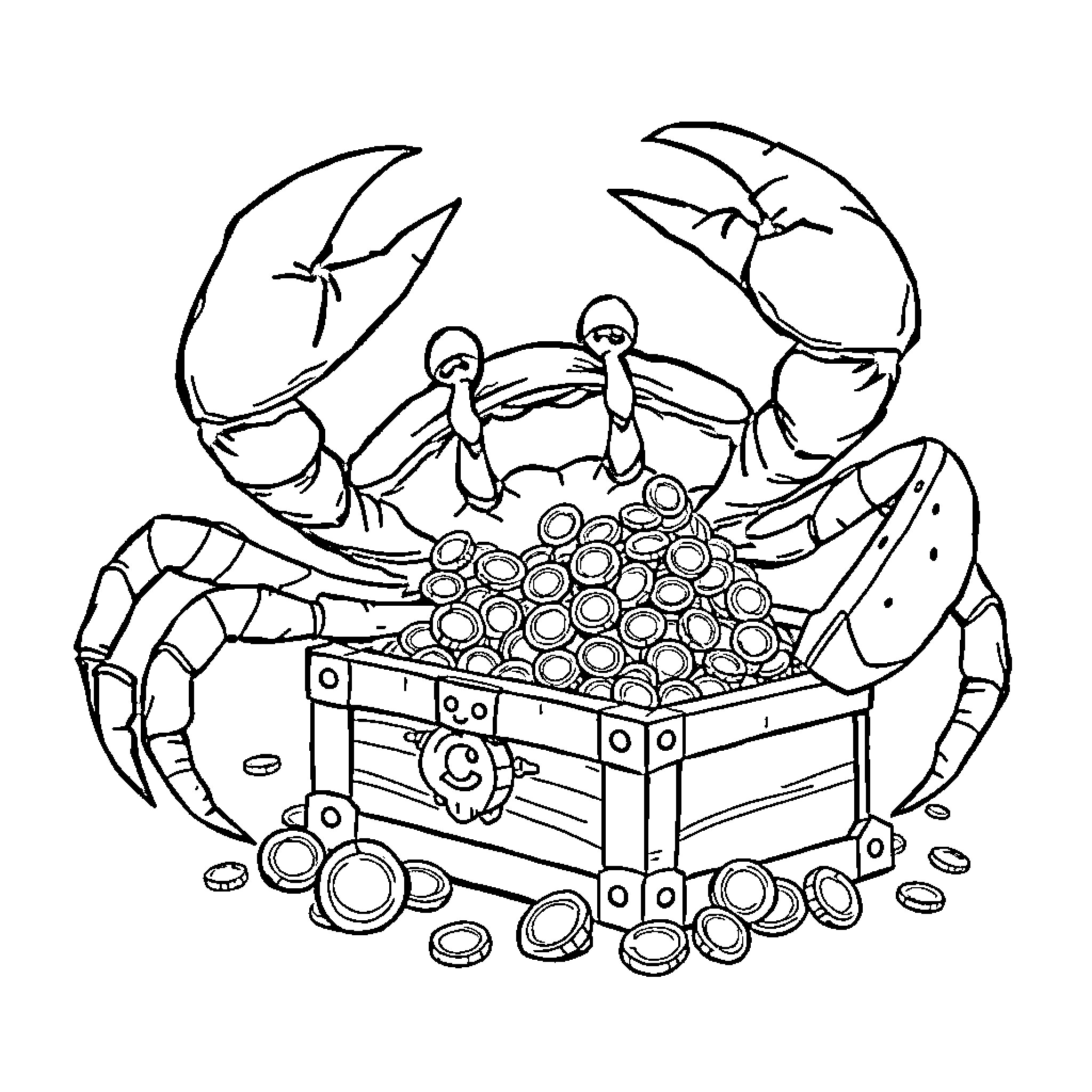 Crab guarding a treasure chest filled with coins Coloring Page (free black-and-white line drawing printable PDF for all, from beginners to advanced learners, including children, teens, adults, and seniors)