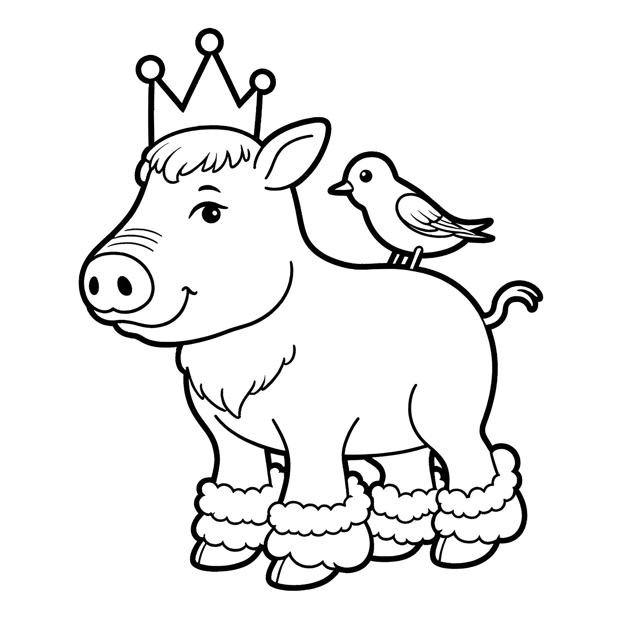 Boar with a crown and a bird on its back Coloring Page (free black-and-white line drawing printable PDF for all, from beginners to advanced learners, including children, teens, adults, and seniors)