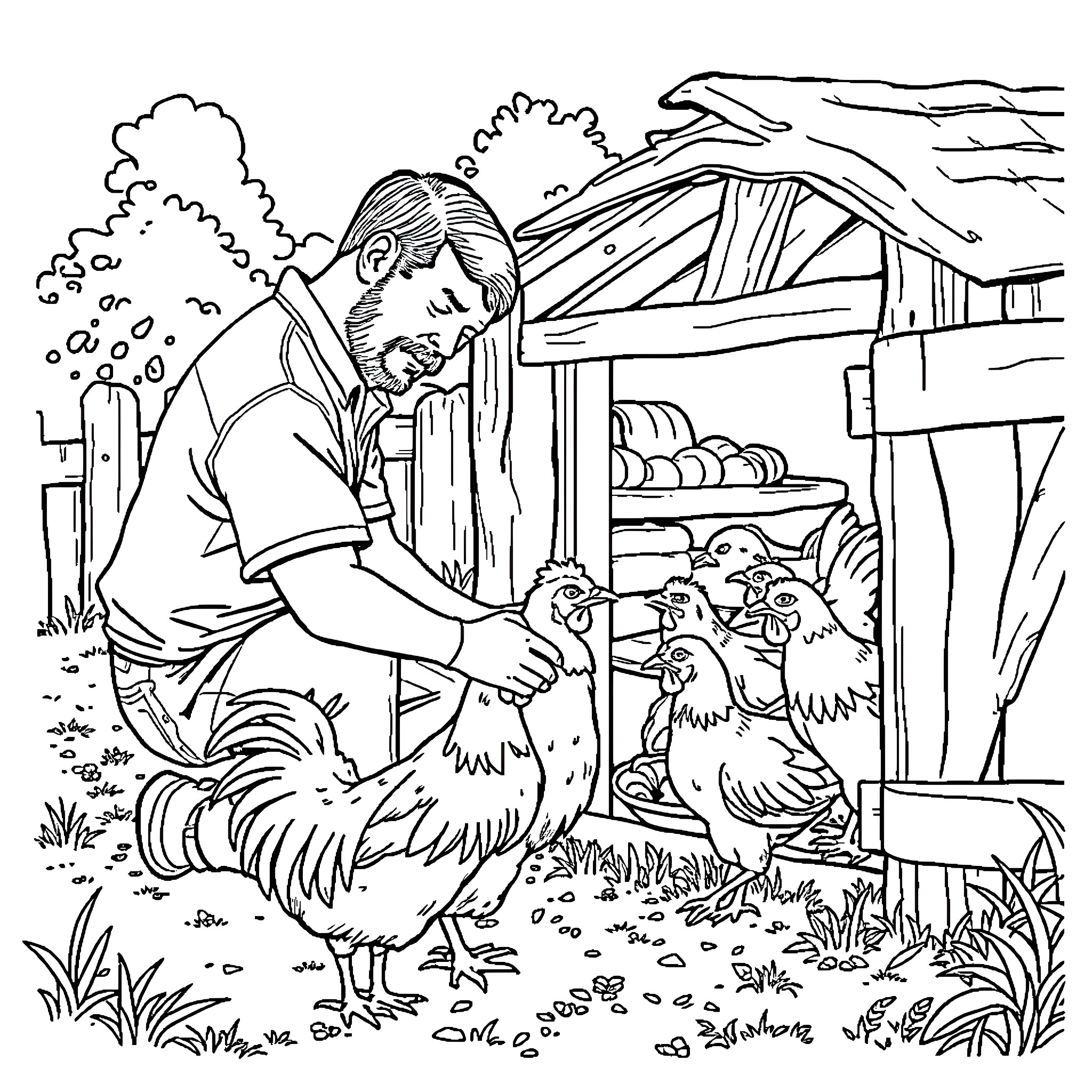 Dad caring for his chickens on the farm Coloring Page (free black-and-white line drawing printable PDF for all, from beginners to advanced learners, including children, teens, adults, and seniors)