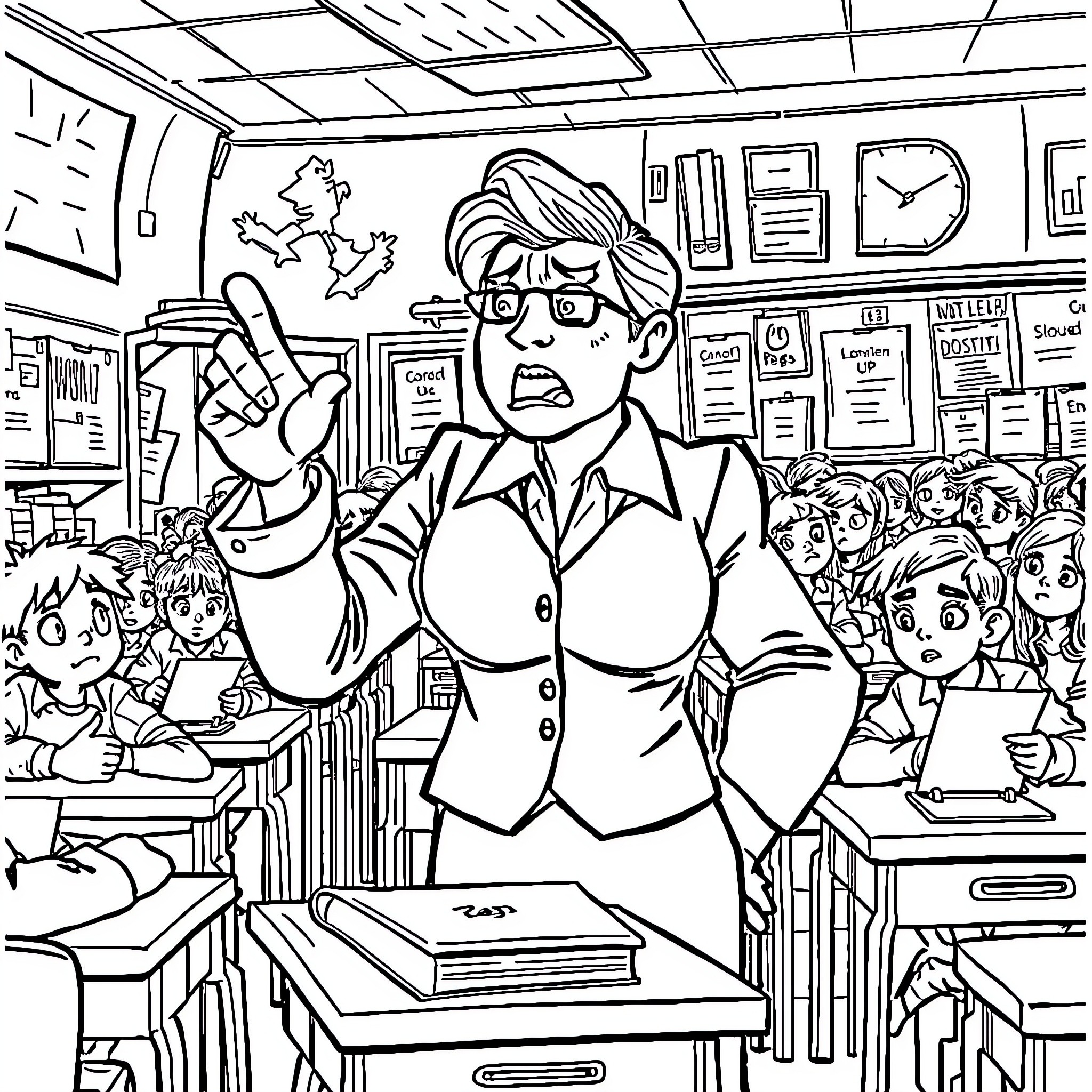 Teacher Gesturing Animatedly in Front of Classroom Coloring Page (free black-and-white line drawing printable PDF for all, from beginners to advanced learners, including children, teens, adults, and seniors)