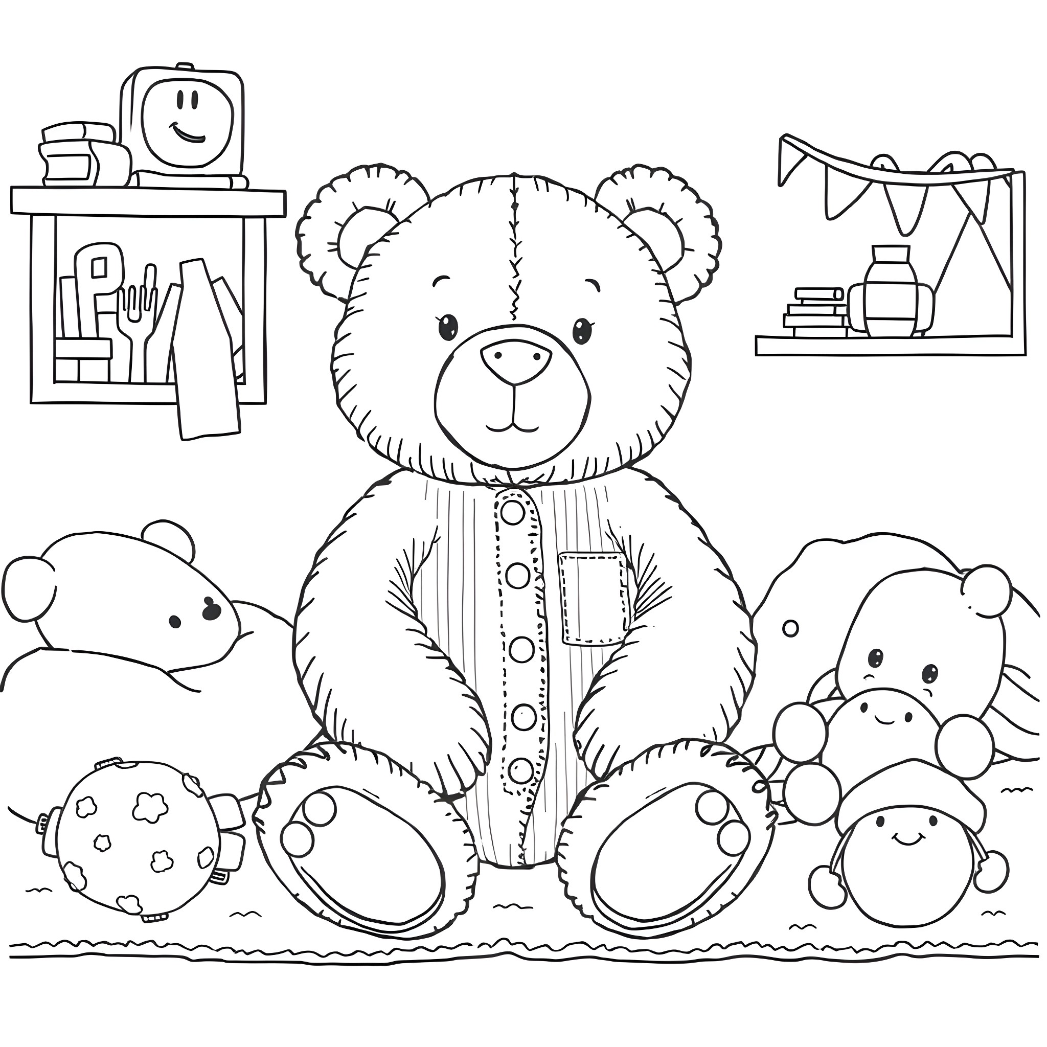 Bear surrounded by cute stuffed animals in a playful setting Coloring Page (free black-and-white line drawing printable PDF for all, from beginners to advanced learners, including children, teens, adults, and seniors)