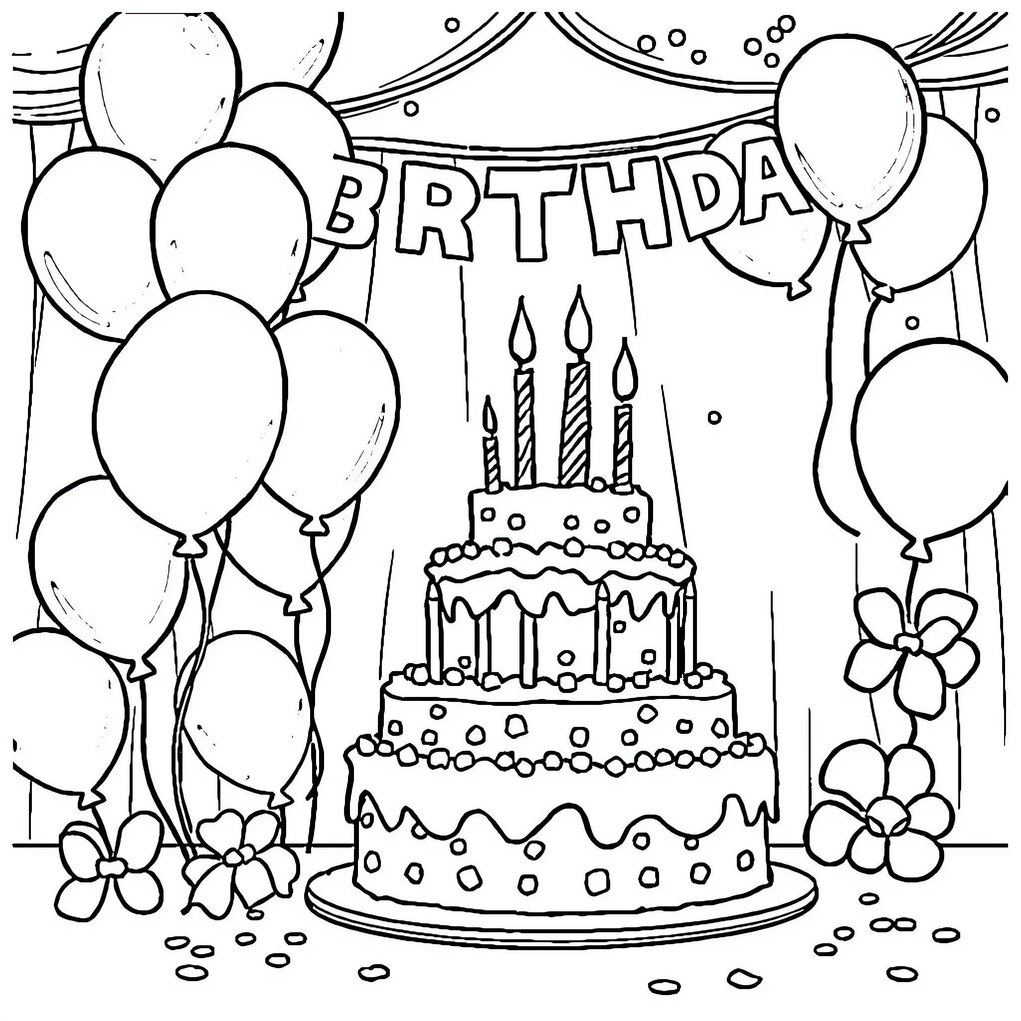 Birthday party with cake and balloons Coloring Page (free black-and-white line drawing printable PDF for all, from beginners to advanced learners, including children, teens, adults, and seniors)