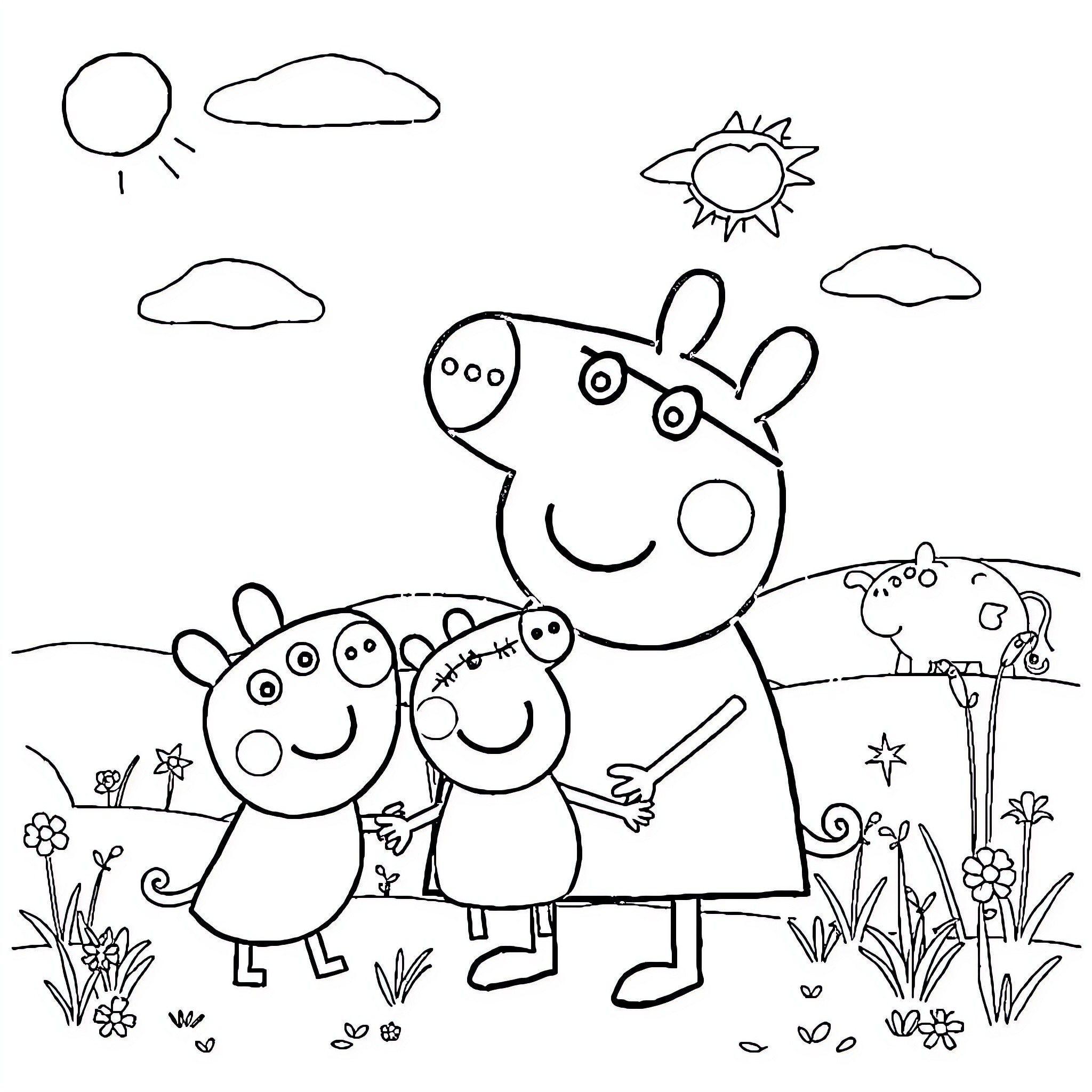 Peppa Pig and family enjoying a sunny day outdoors Coloring Page (free black-and-white line drawing printable PDF for all, from beginners to advanced learners, including children, teens, adults, and seniors)