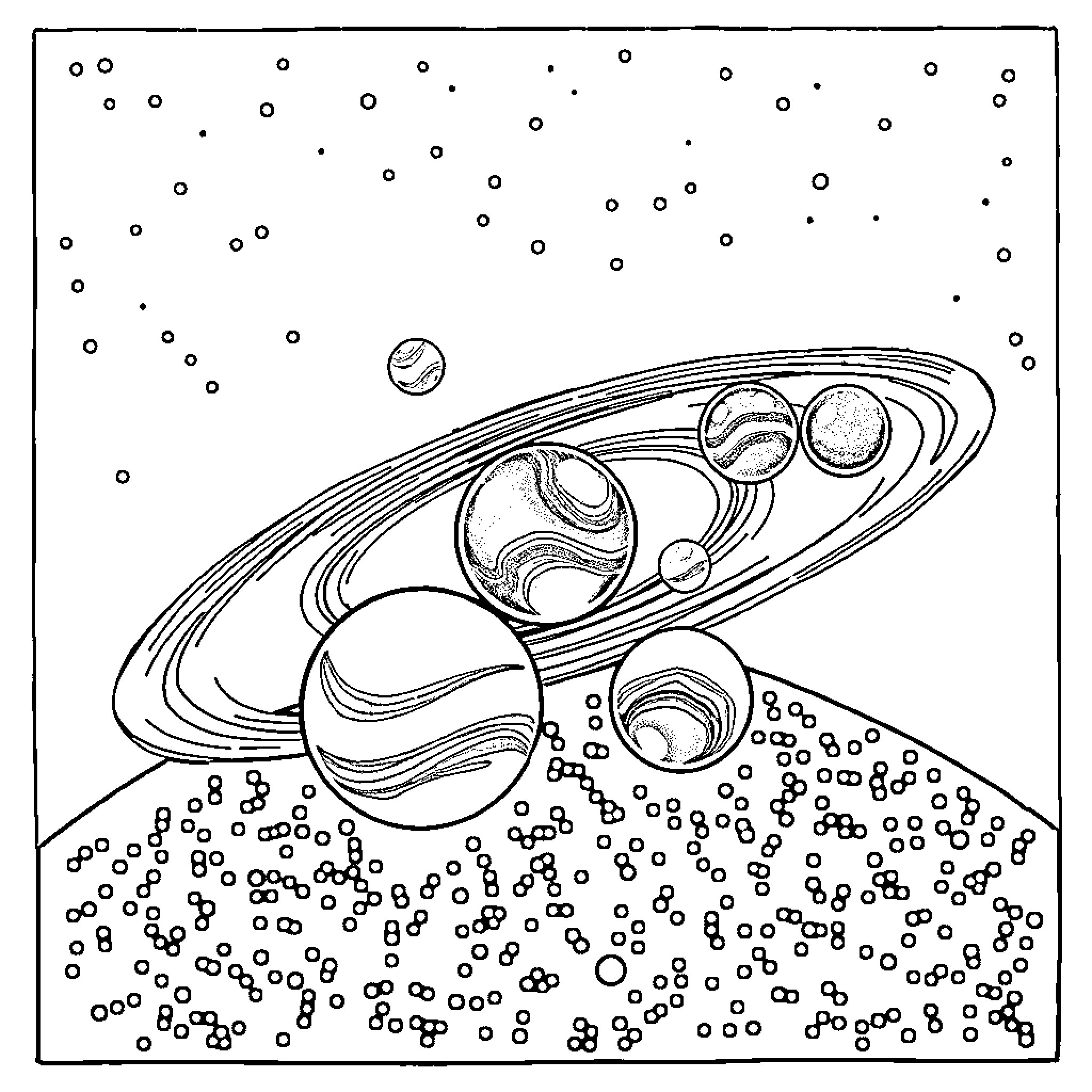 Solar System with Planets and Cosmic Particles Coloring Page (free black-and-white line drawing printable PDF for all, from beginners to advanced learners, including children, teens, adults, and seniors)