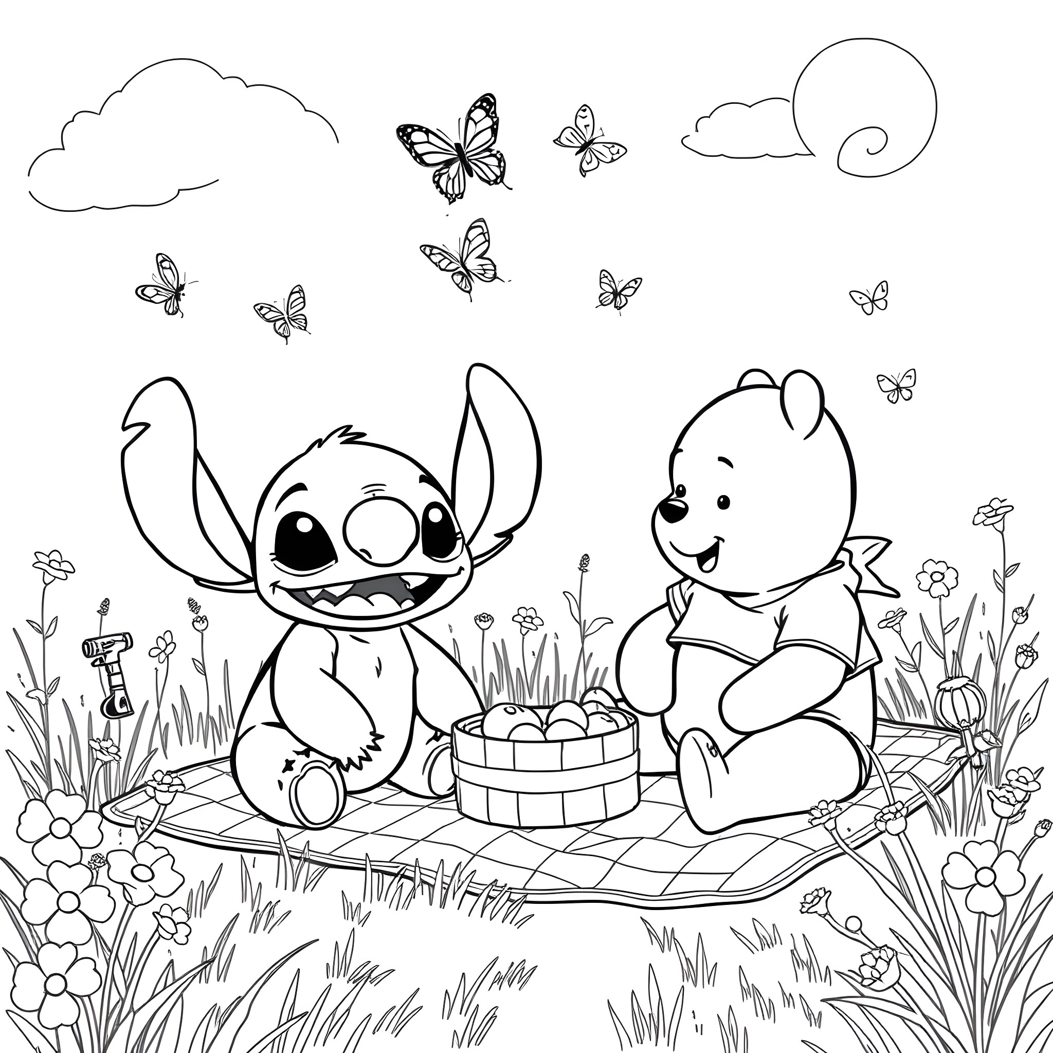 Stitch and Pooh Bear enjoying a picnic in the meadow Coloring Page (free black-and-white line drawing printable PDF for all, from beginners to advanced learners, including children, teens, adults, and seniors)