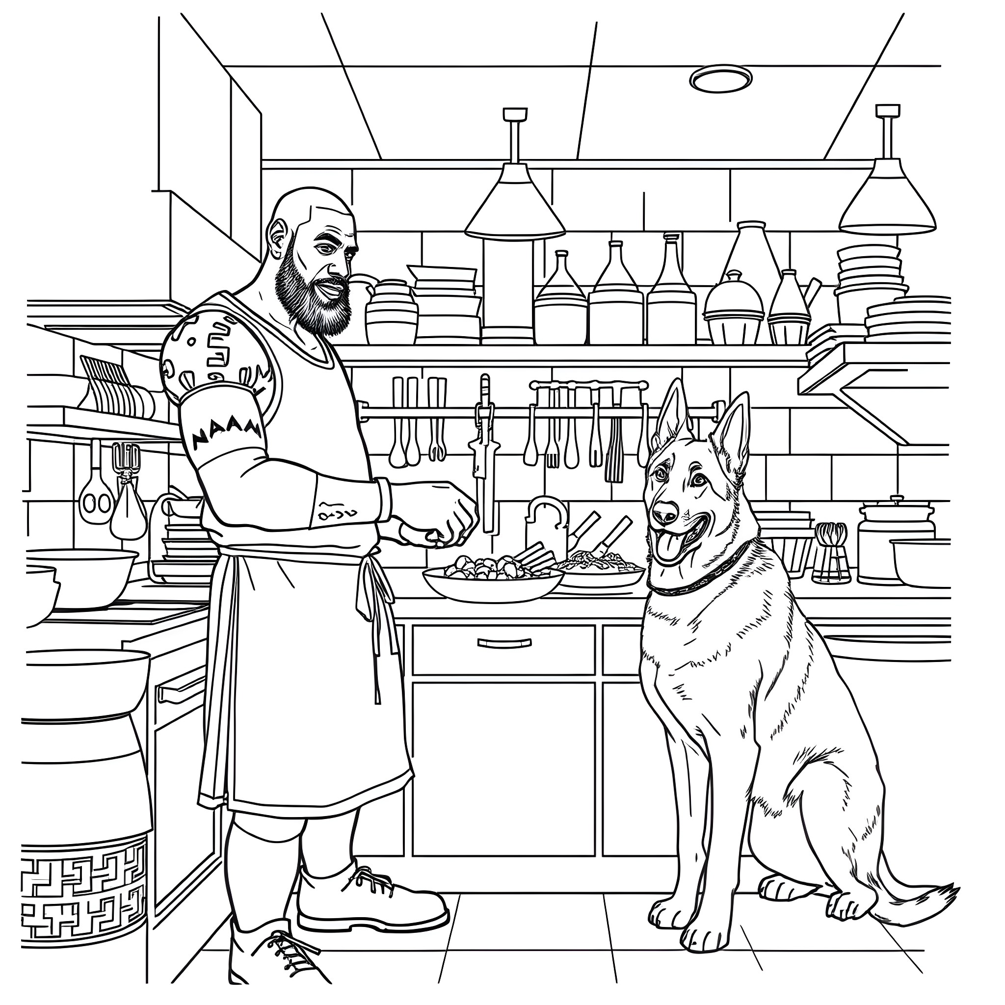 LeBron James Prepares a Meal with His Canine Companion Coloring Page (free black-and-white line drawing printable PDF for all, from beginners to advanced learners, including children, teens, adults, and seniors)