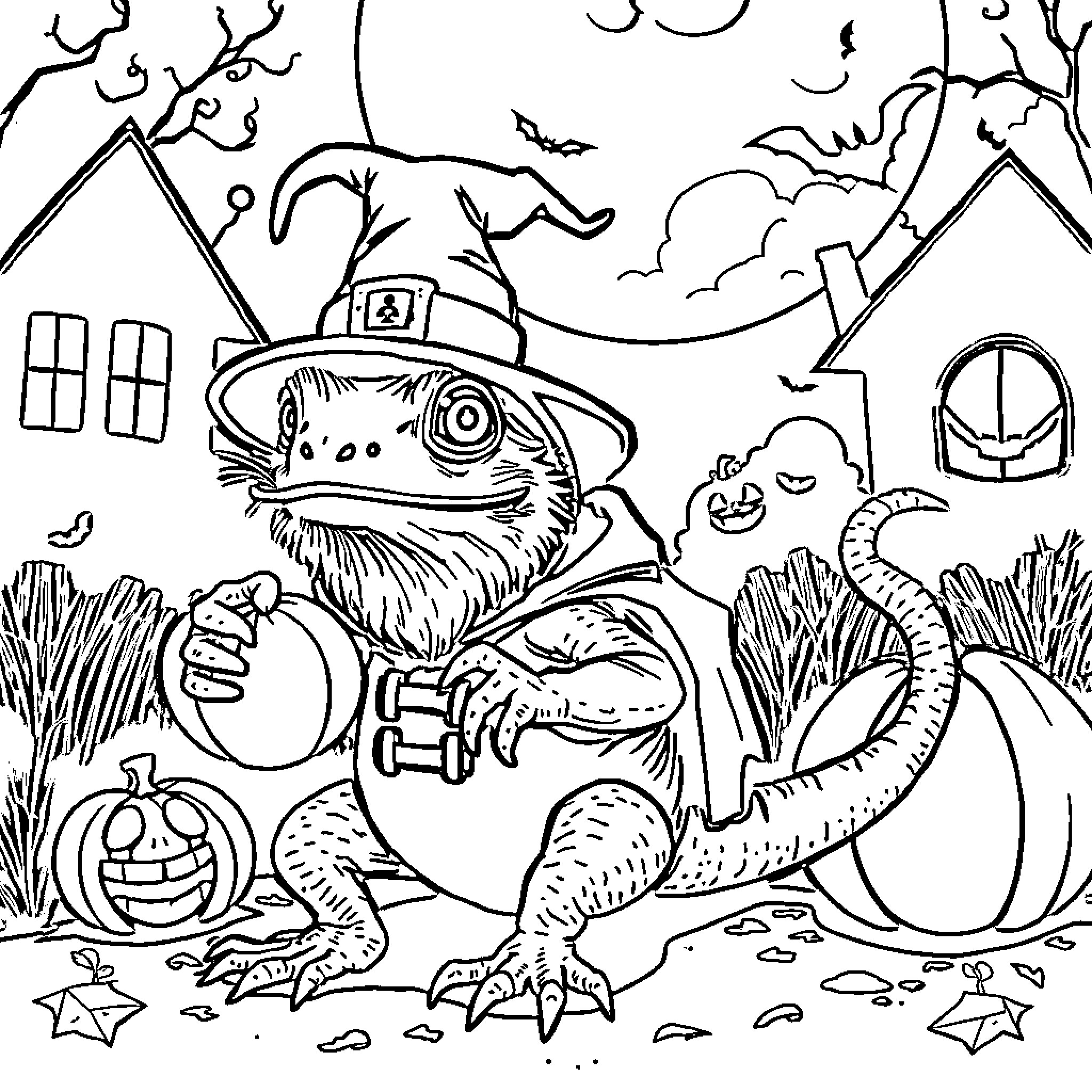 Bearded Dragon in Halloween Costume Coloring Page (free black-and-white line drawing printable PDF for all, from beginners to advanced learners, including children, teens, adults, and seniors)