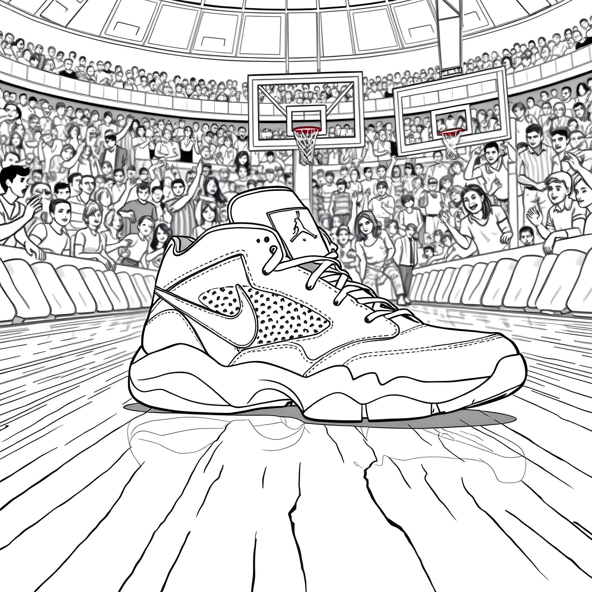 Jordan's Iconic Sneaker Shines in Basketball Arena Coloring Page (free black-and-white line drawing printable PDF for all, from beginners to advanced learners, including children, teens, adults, and seniors)