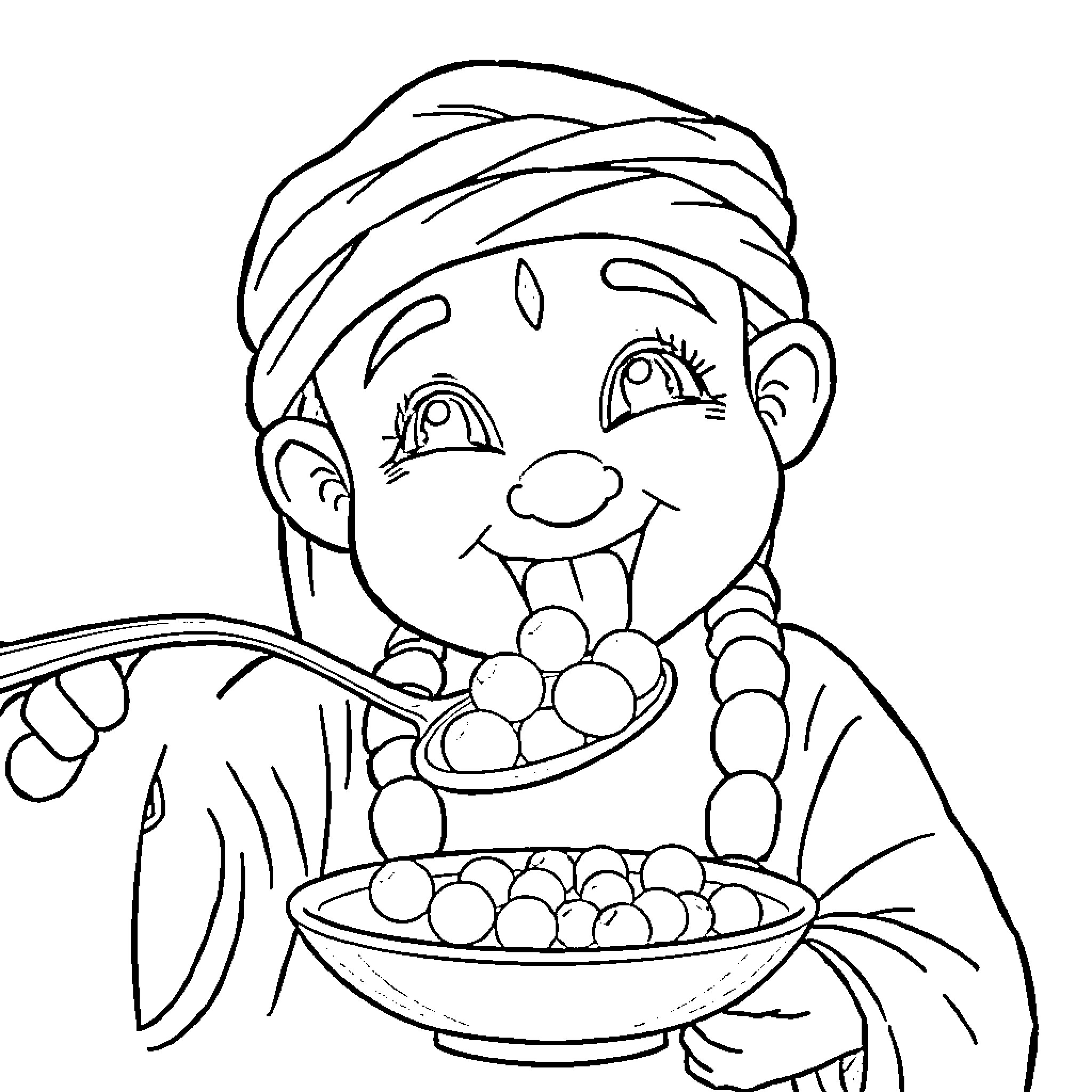 Rumi Enjoying a Bowl of Treats Coloring Page (free black-and-white line drawing printable PDF for all, from beginners to advanced learners, including children, teens, adults, and seniors)