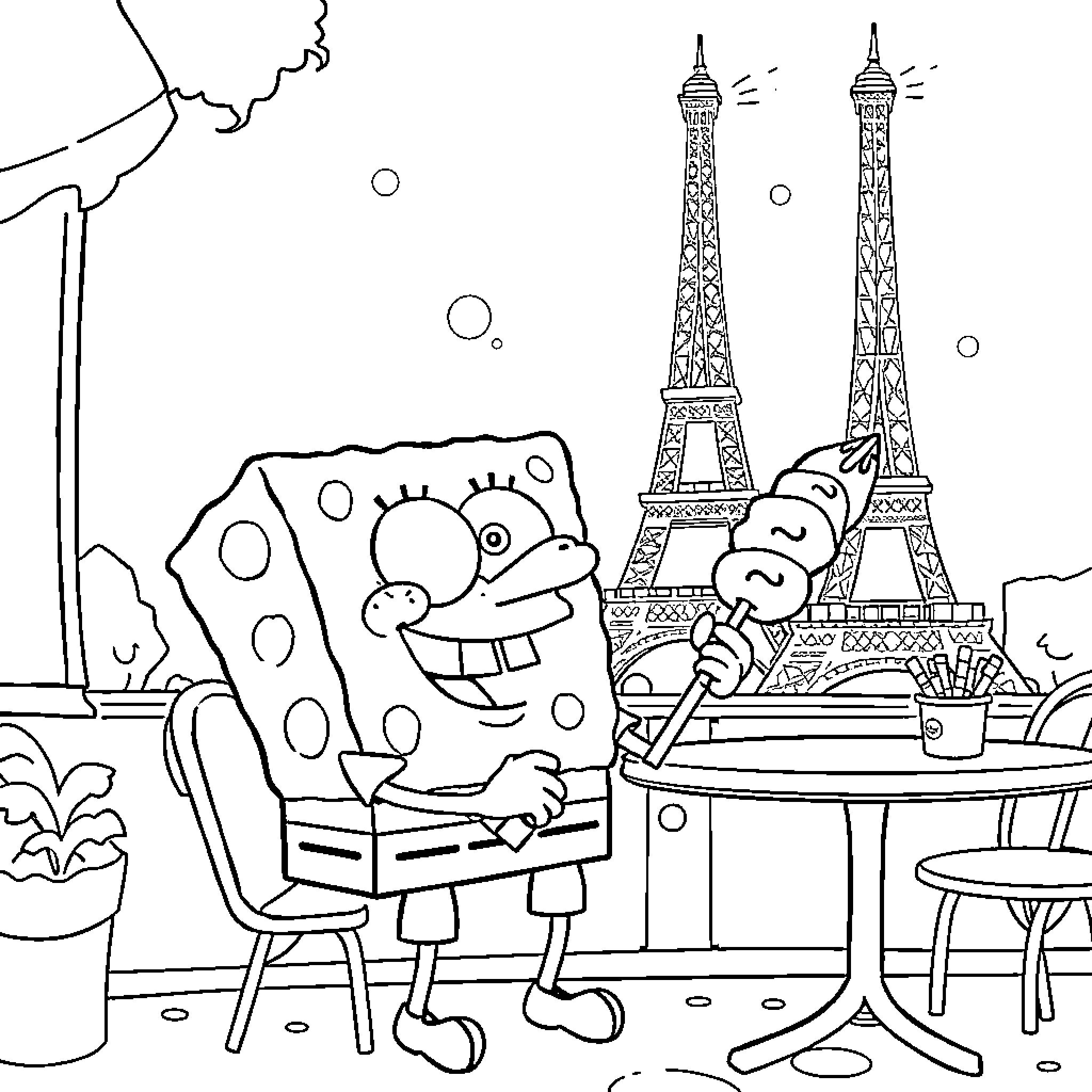Spongebob and Patrick in Paris with the Eiffel Tower Coloring Page (free black-and-white line drawing printable PDF for all, from beginners to advanced learners, including children, teens, adults, and seniors)