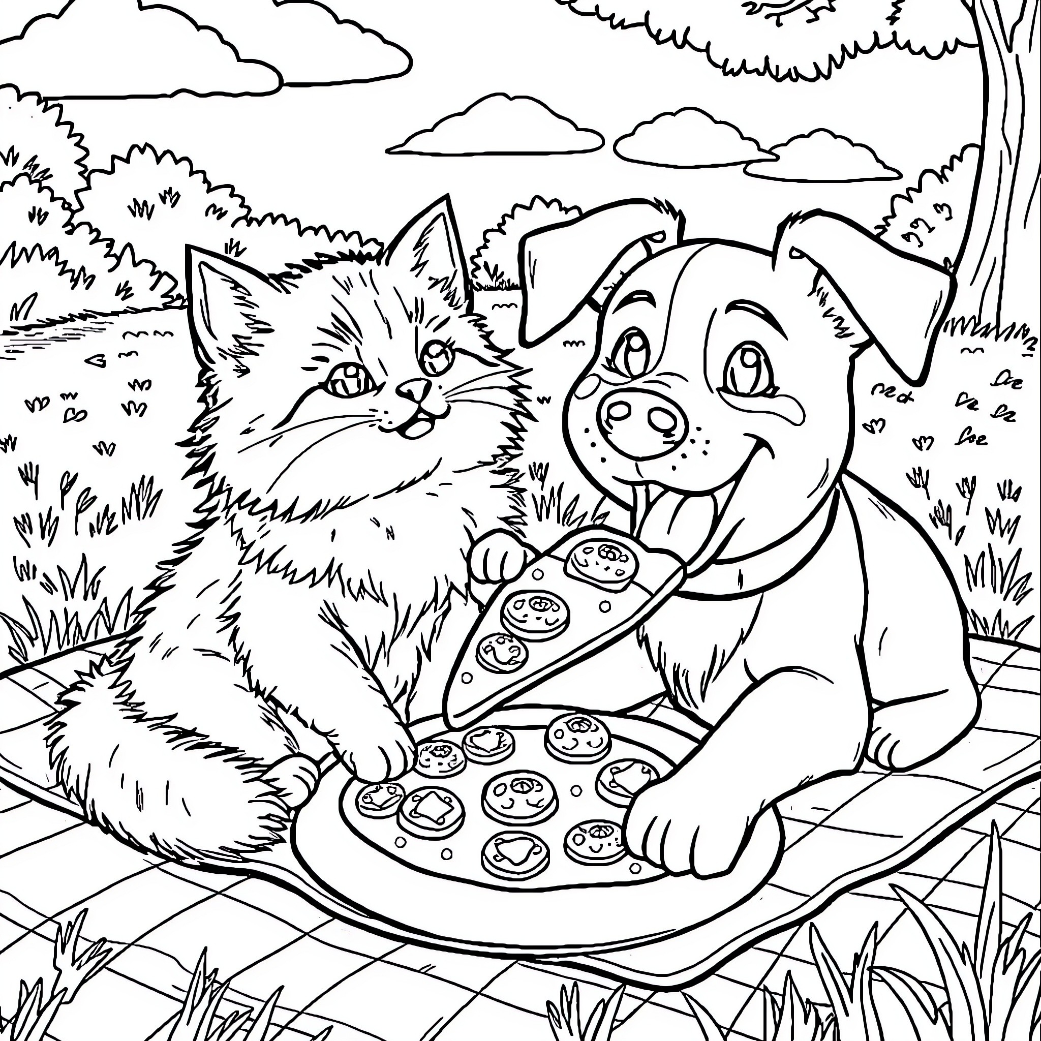 Cat and Dog Enjoying Snacks in the Park Coloring Page (free black-and-white line drawing printable PDF for all, from beginners to advanced learners, including children, teens, adults, and seniors)