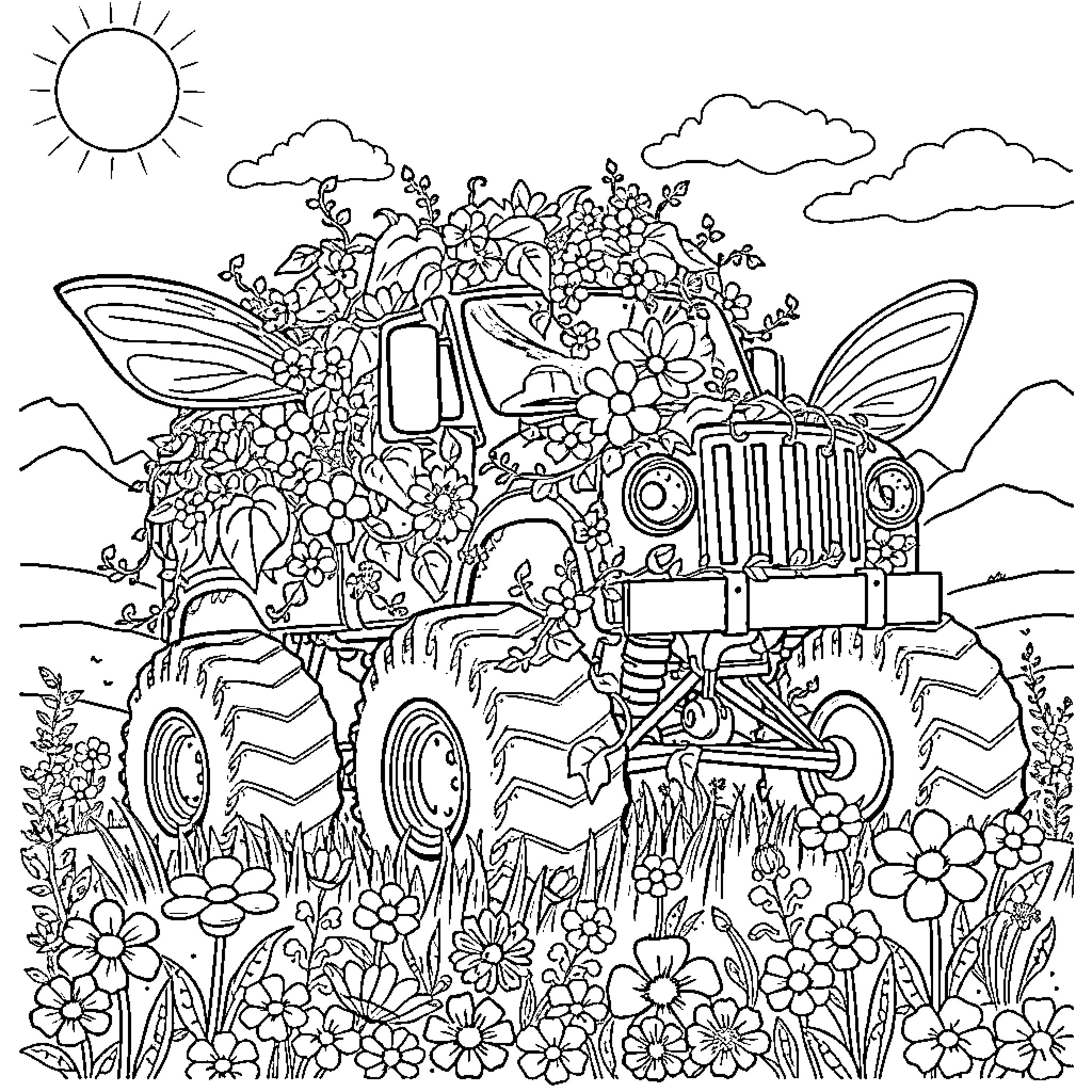 Monster Truck Surrounded by Whimsical Flowers and Nature Coloring Page (free black-and-white line drawing printable PDF for all, from beginners to advanced learners, including children, teens, adults, and seniors)