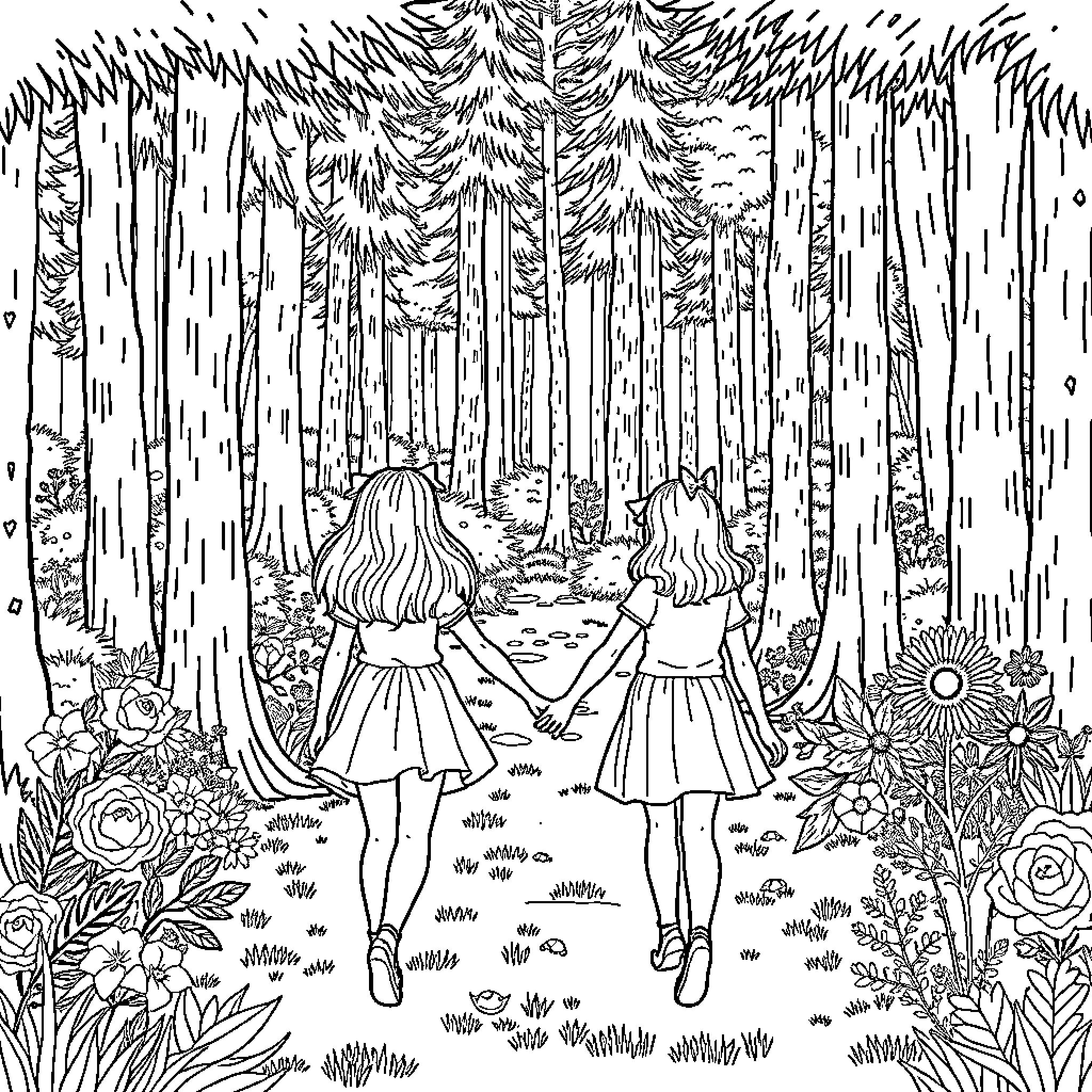 Girl strolling through enchanting forest with friend Coloring Page (free black-and-white line drawing printable PDF for all, from beginners to advanced learners, including children, teens, adults, and seniors)