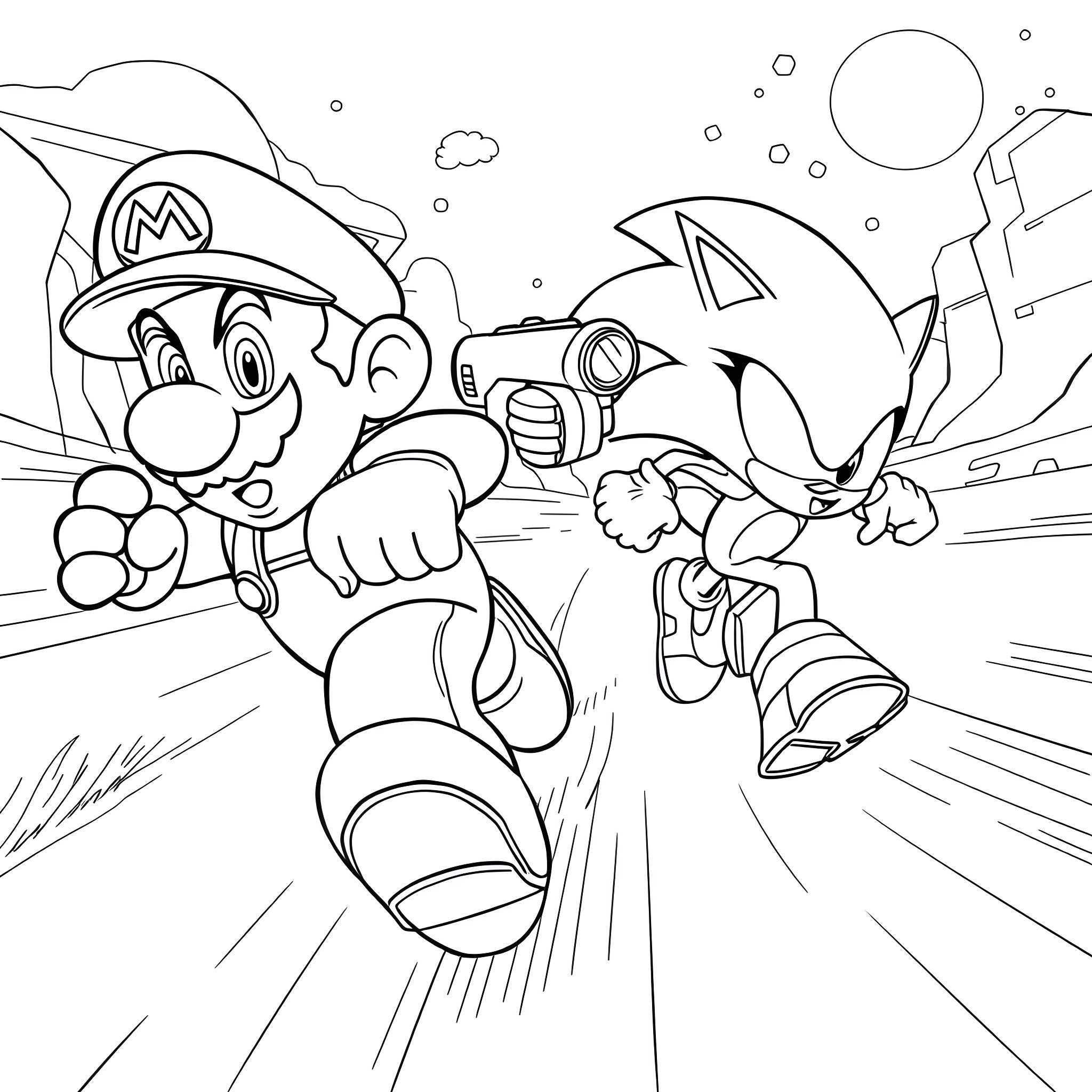 Mario on an action-packed adventure Coloring Page (free black-and-white line drawing printable PDF for all, from beginners to advanced learners, including children, teens, adults, and seniors)