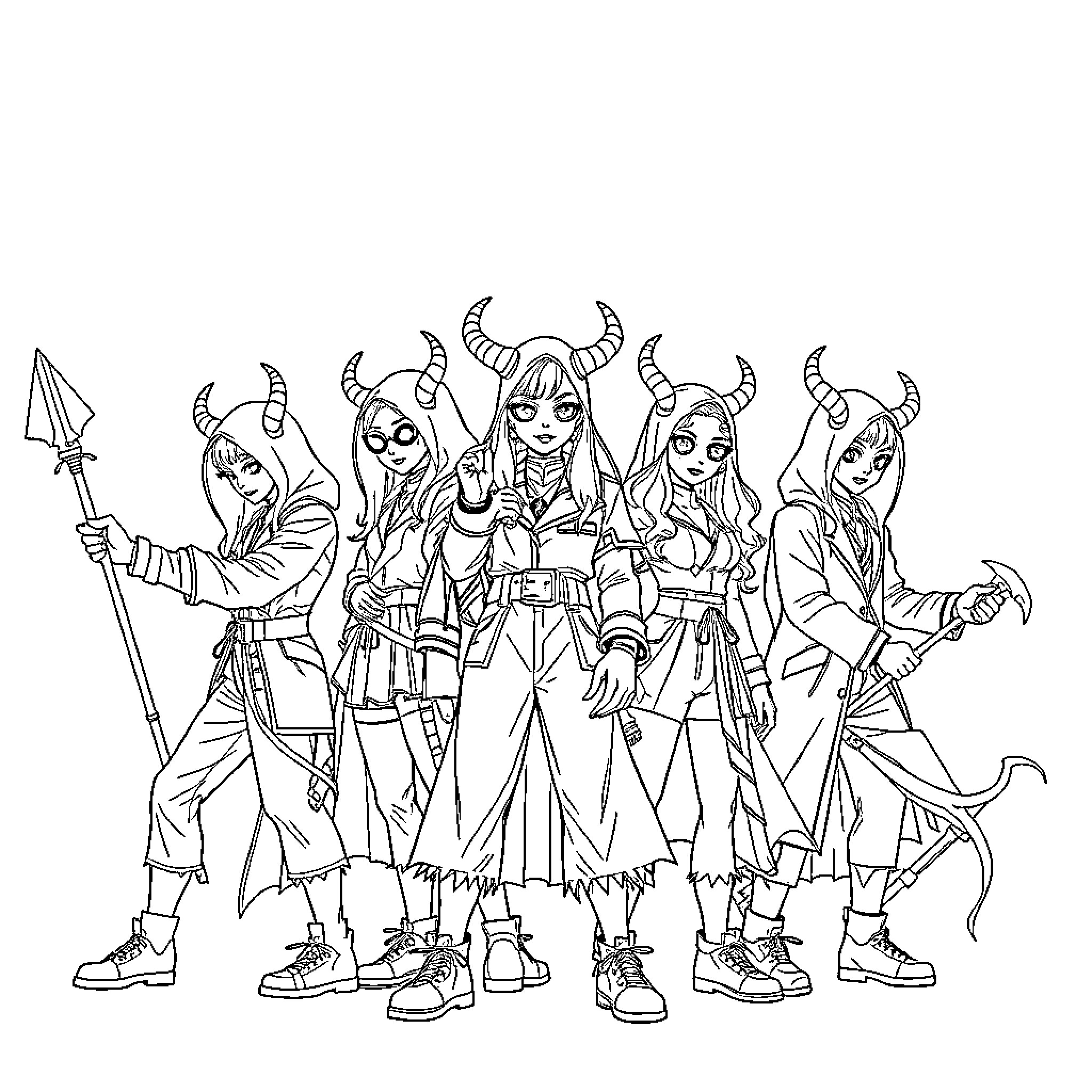 Demon Hunter Squad in Action-Packed Poses Coloring Page (free black-and-white line drawing printable PDF for all, from beginners to advanced learners, including children, teens, adults, and seniors)
