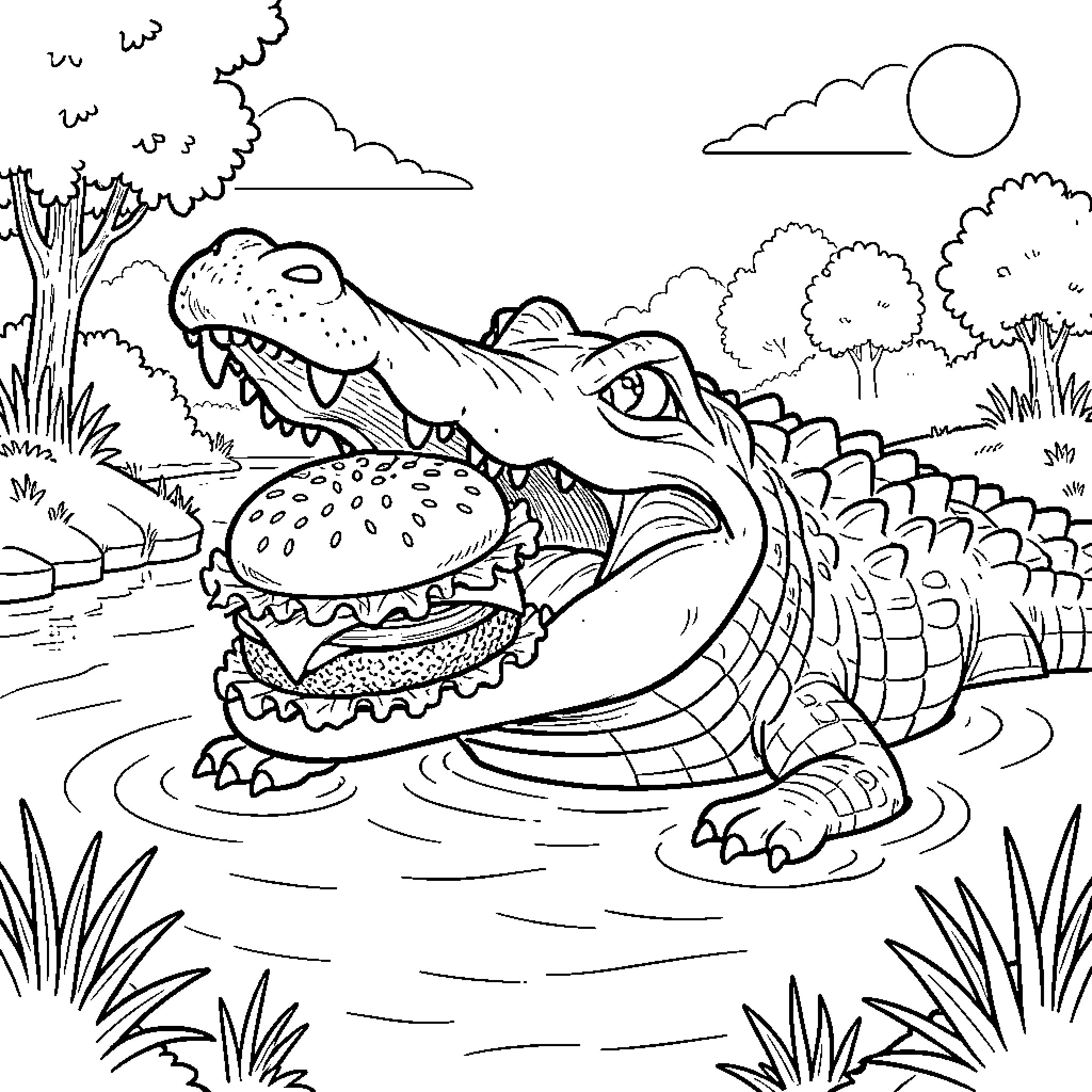 Cocodrilo enjoying a tasty snack in the wild Coloring Page (free black-and-white line drawing printable PDF for all, from beginners to advanced learners, including children, teens, adults, and seniors)