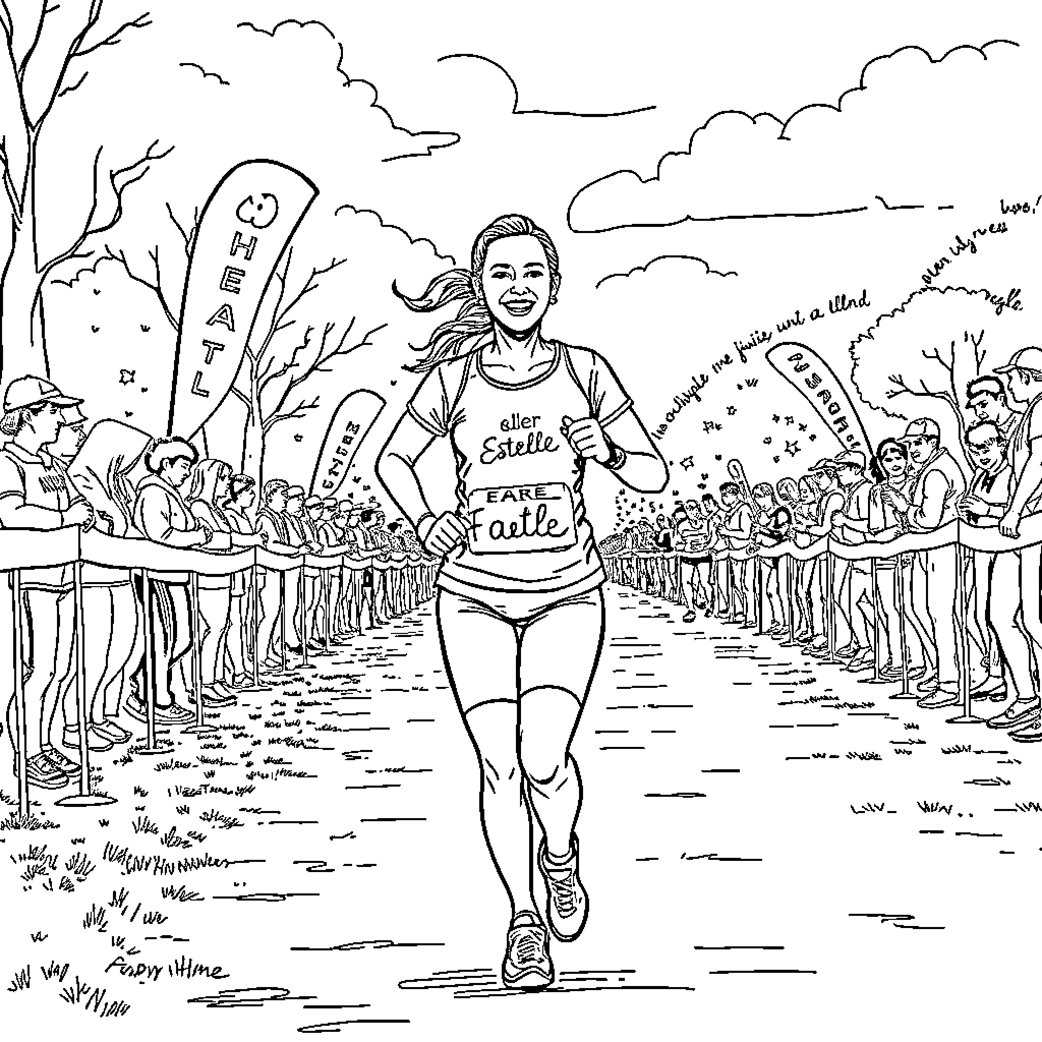 Fille running in a race with spectators Coloring Page (free black-and-white line drawing printable PDF for all, from beginners to advanced learners, including children, teens, adults, and seniors)