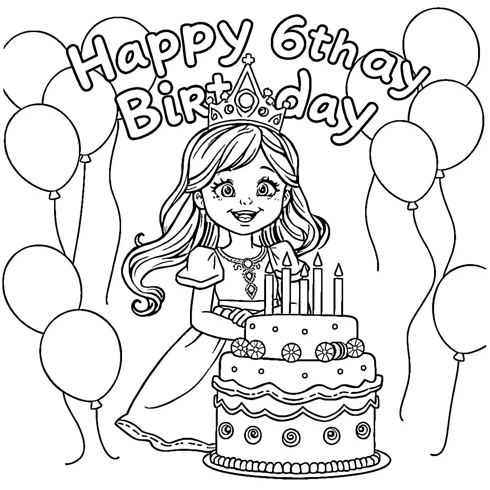 Princess Celebrates 6th Birthday with Cake and Balloons Coloring Page (free black-and-white line drawing printable PDF for all, from beginners to advanced learners, including children, teens, adults, and seniors)