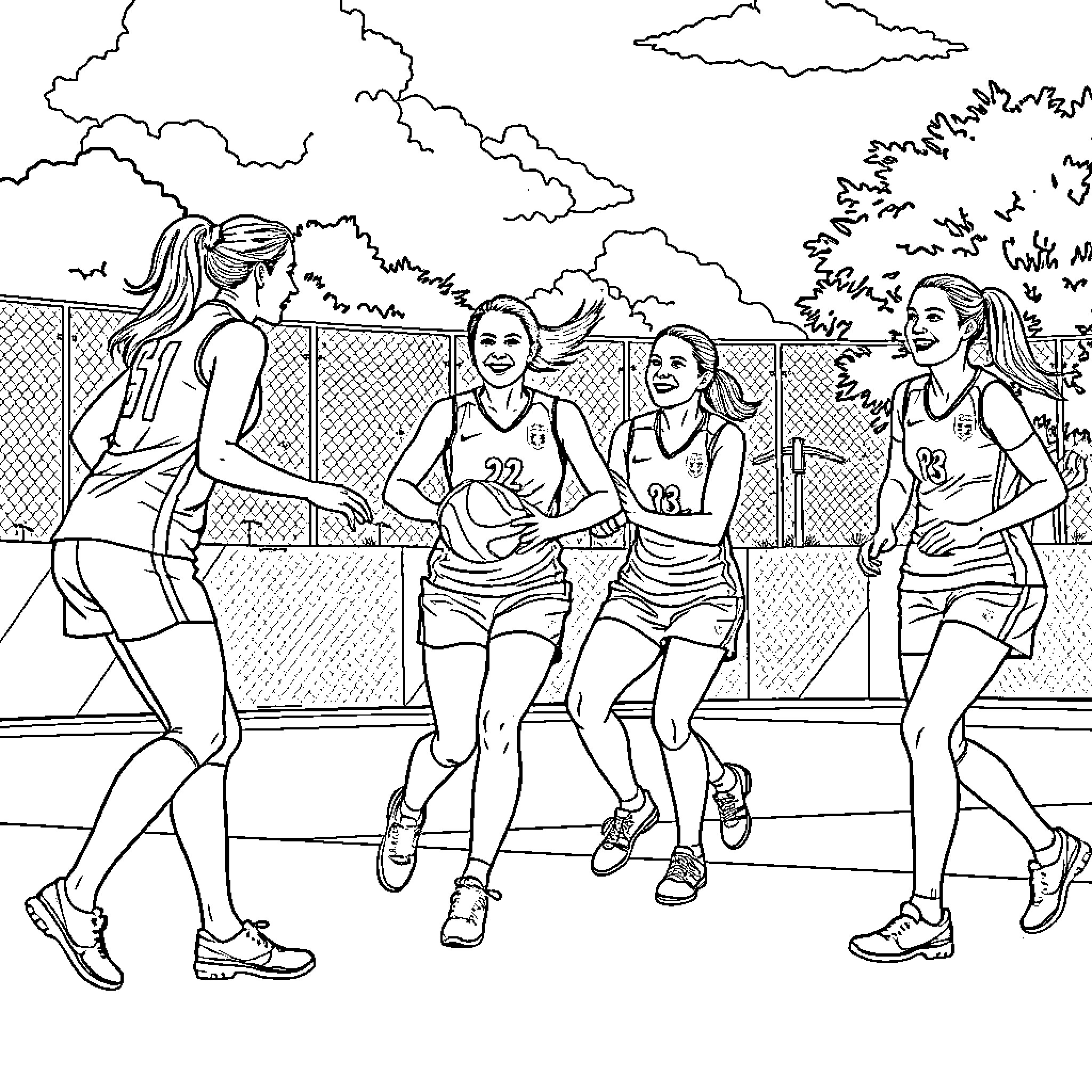 Netball Team in Action on the Court Coloring Page (free black-and-white line drawing printable PDF for all, from beginners to advanced learners, including children, teens, adults, and seniors)