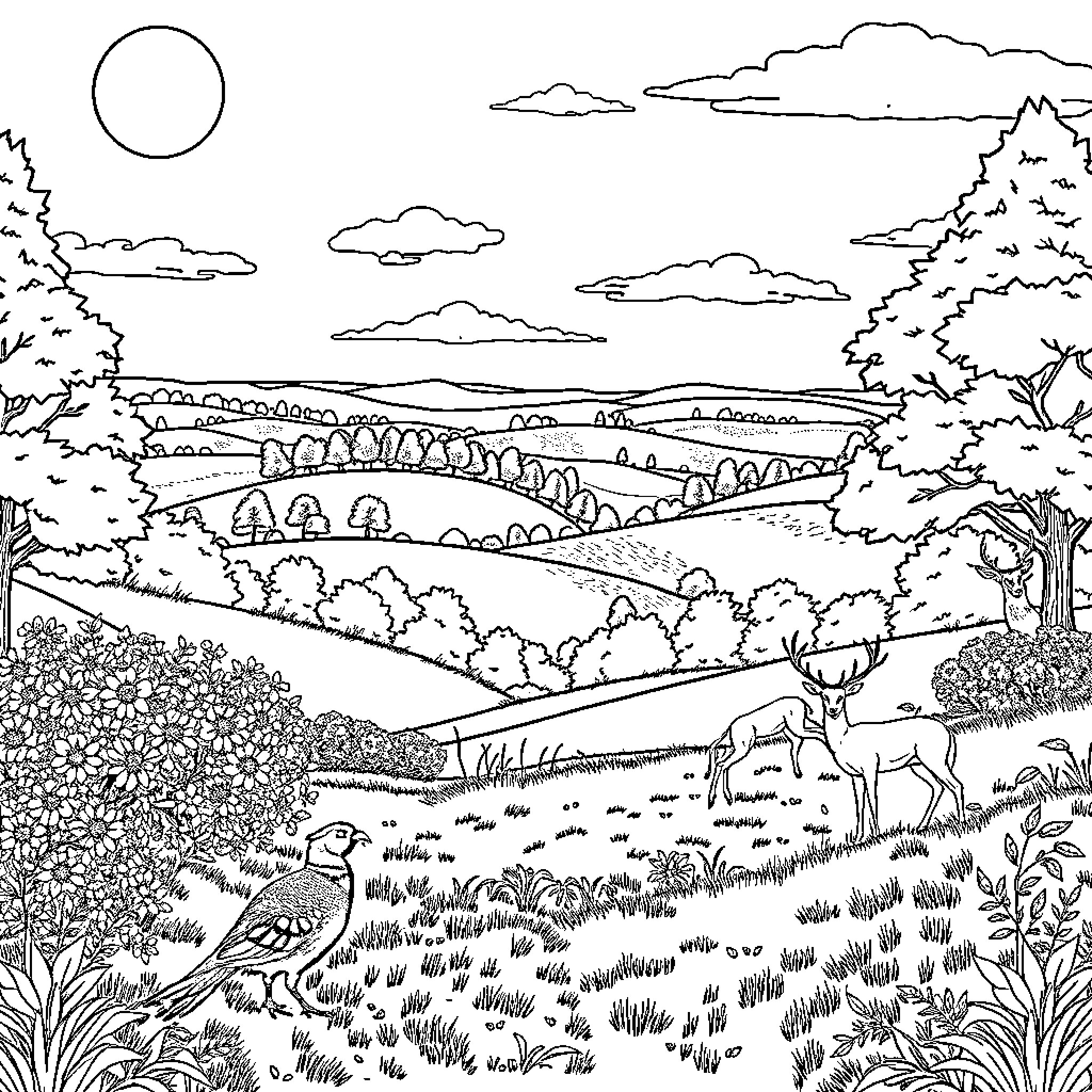 Landscape with deer and birds in a peaceful scene Coloring Page (free black-and-white line drawing printable PDF for all, from beginners to advanced learners, including children, teens, adults, and seniors)