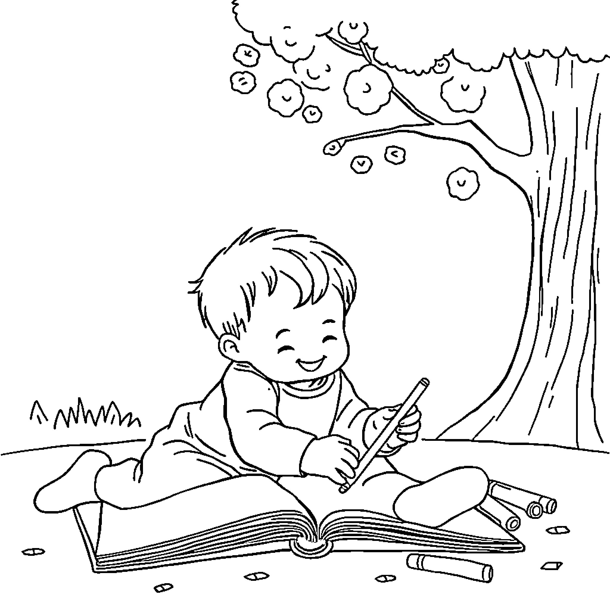 Little Boy Reading Book Under Tree Coloring Page (free black-and-white line drawing printable PDF for all, from beginners to advanced learners, including children, teens, adults, and seniors)