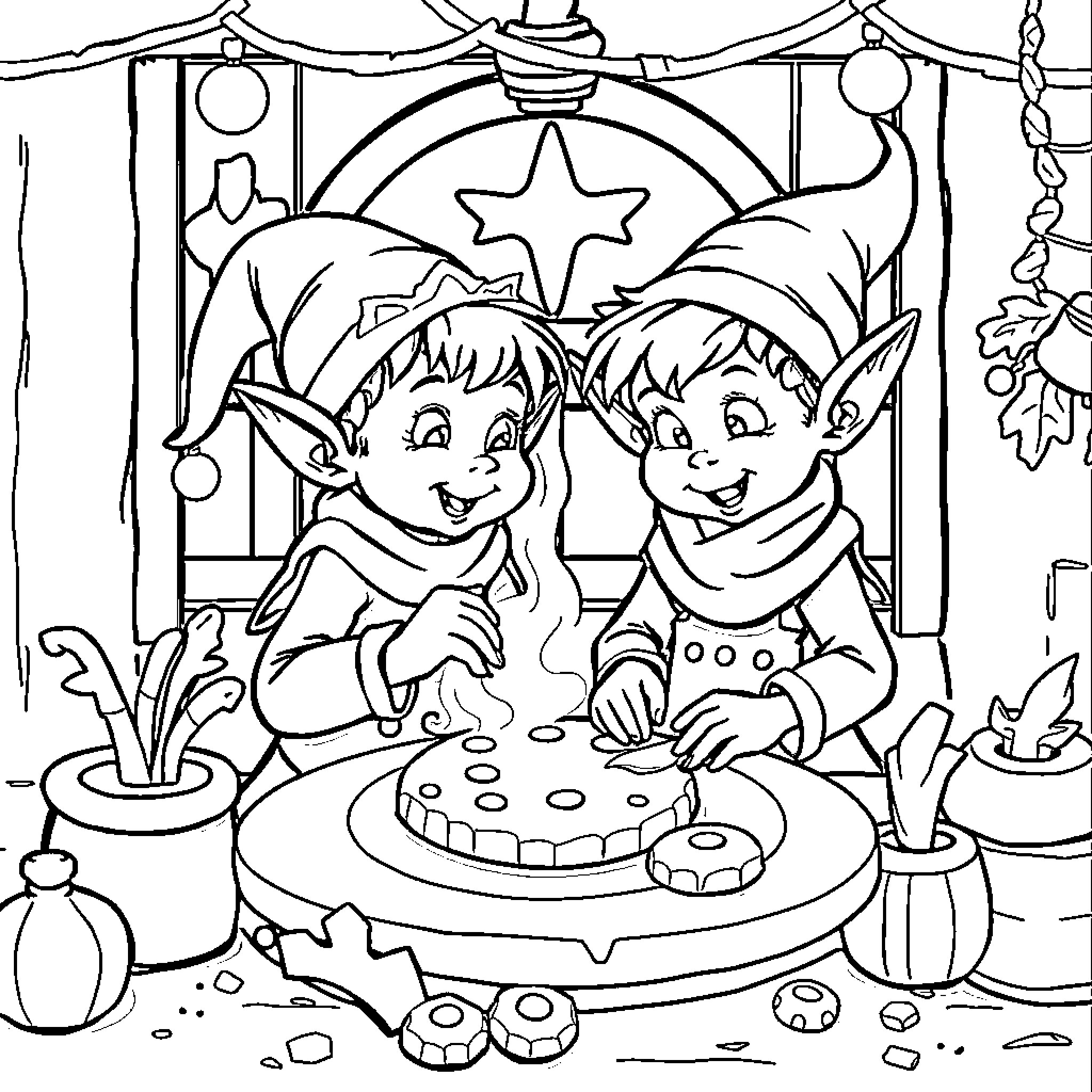 Elf friends enjoying a festive celebration Coloring Page (free black-and-white line drawing printable PDF for all, from beginners to advanced learners, including children, teens, adults, and seniors)