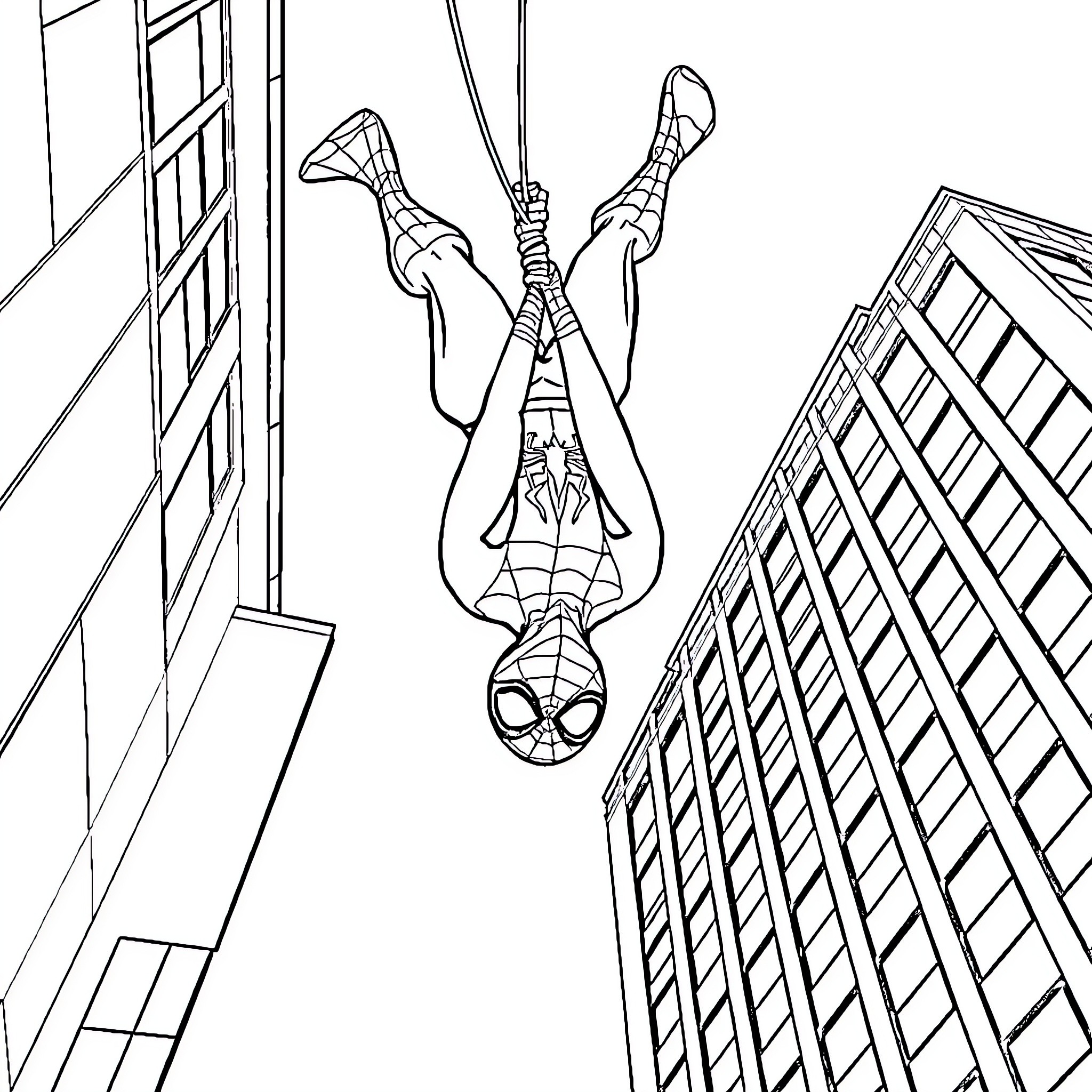 Spider-themed superhero swinging between buildings Coloring Page (free black-and-white line drawing printable PDF for all, from beginners to advanced learners, including children, teens, adults, and seniors)