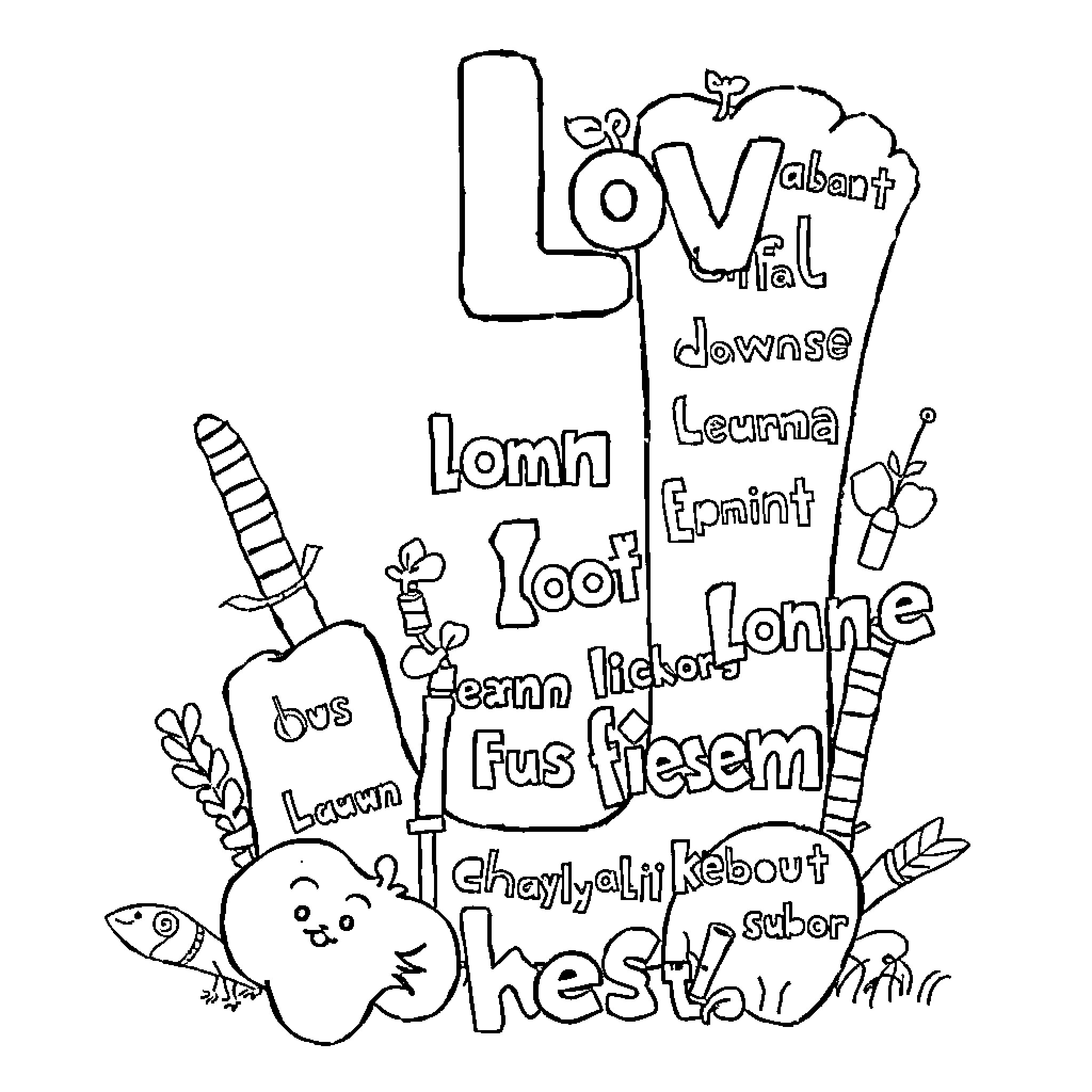 Letter L Objects and Concepts in Doodle Style Coloring Page (free black-and-white line drawing printable PDF for all, from beginners to advanced learners, including children, teens, adults, and seniors)