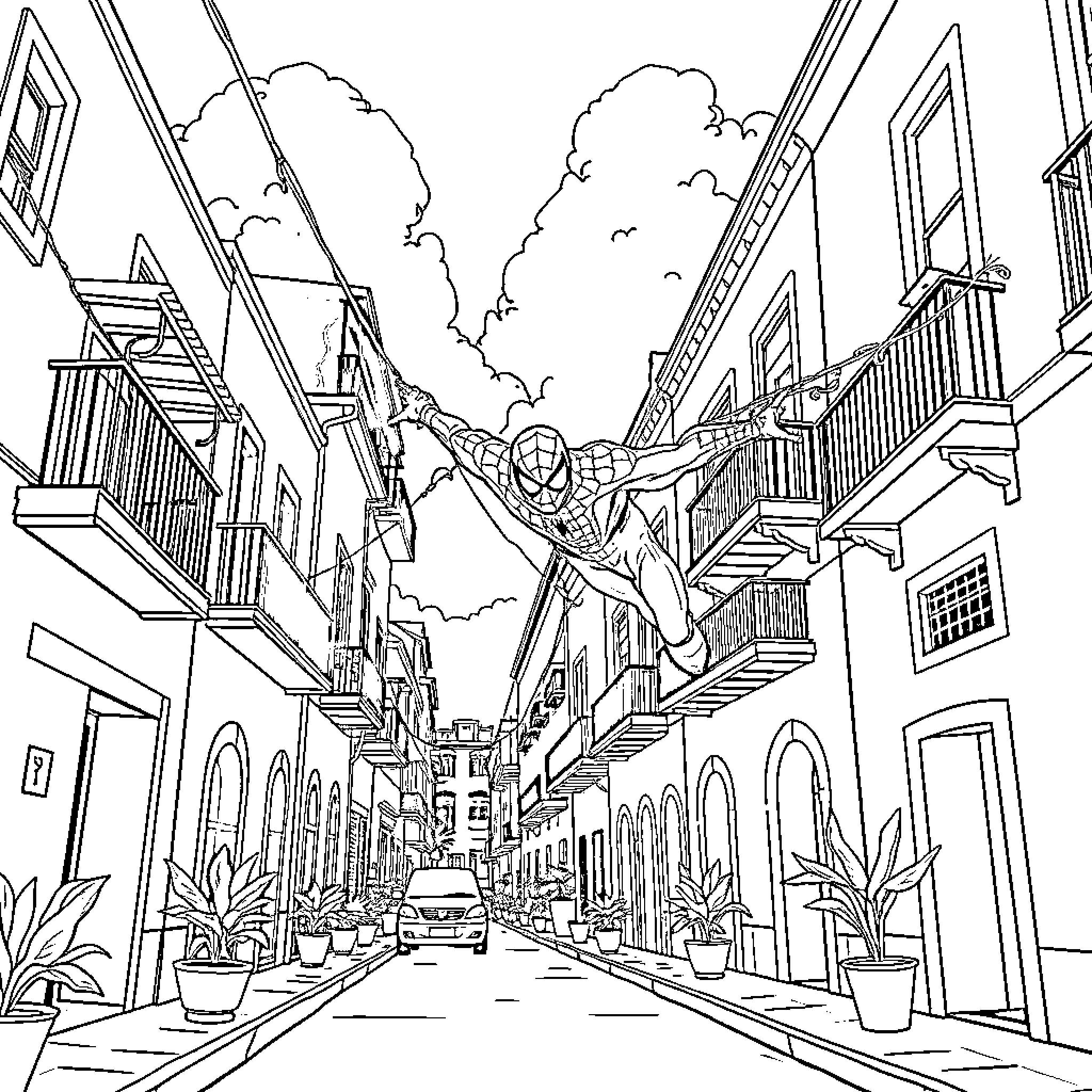 Spiderman swinging through a vibrant cityscape Coloring Page (free black-and-white line drawing printable PDF for all, from beginners to advanced learners, including children, teens, adults, and seniors)