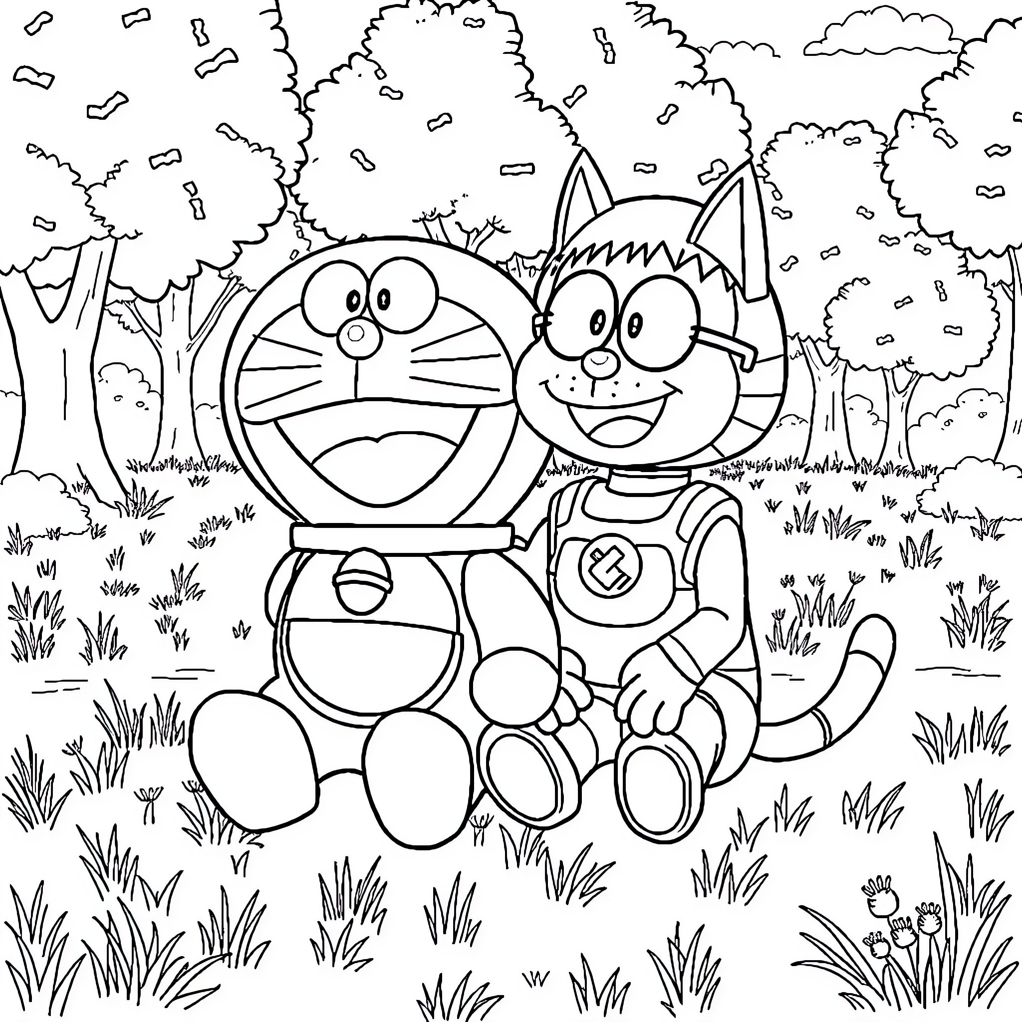 Doraemon and Nobita in a forest adventure Coloring Page (free black-and-white line drawing printable PDF for all, from beginners to advanced learners, including children, teens, adults, and seniors)