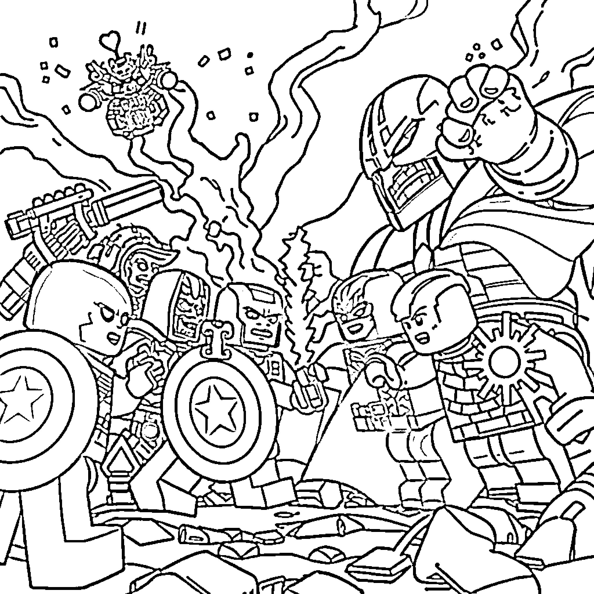 Lego Avengers in Heroic Action Coloring Page (free black-and-white line drawing printable PDF for all, from beginners to advanced learners, including children, teens, adults, and seniors)