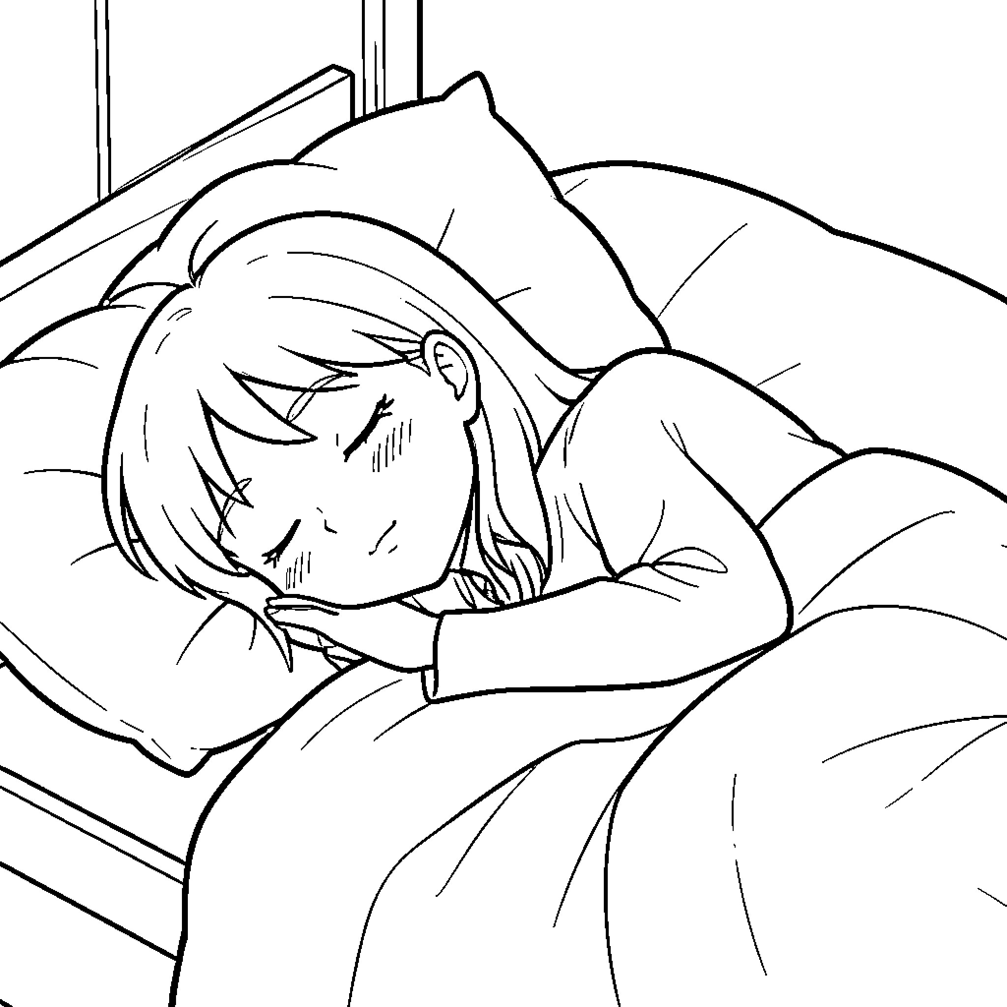 Chouchoune sleeping peacefully in a cozy bed Coloring Page (free black-and-white line drawing printable PDF for all, from beginners to advanced learners, including children, teens, adults, and seniors)