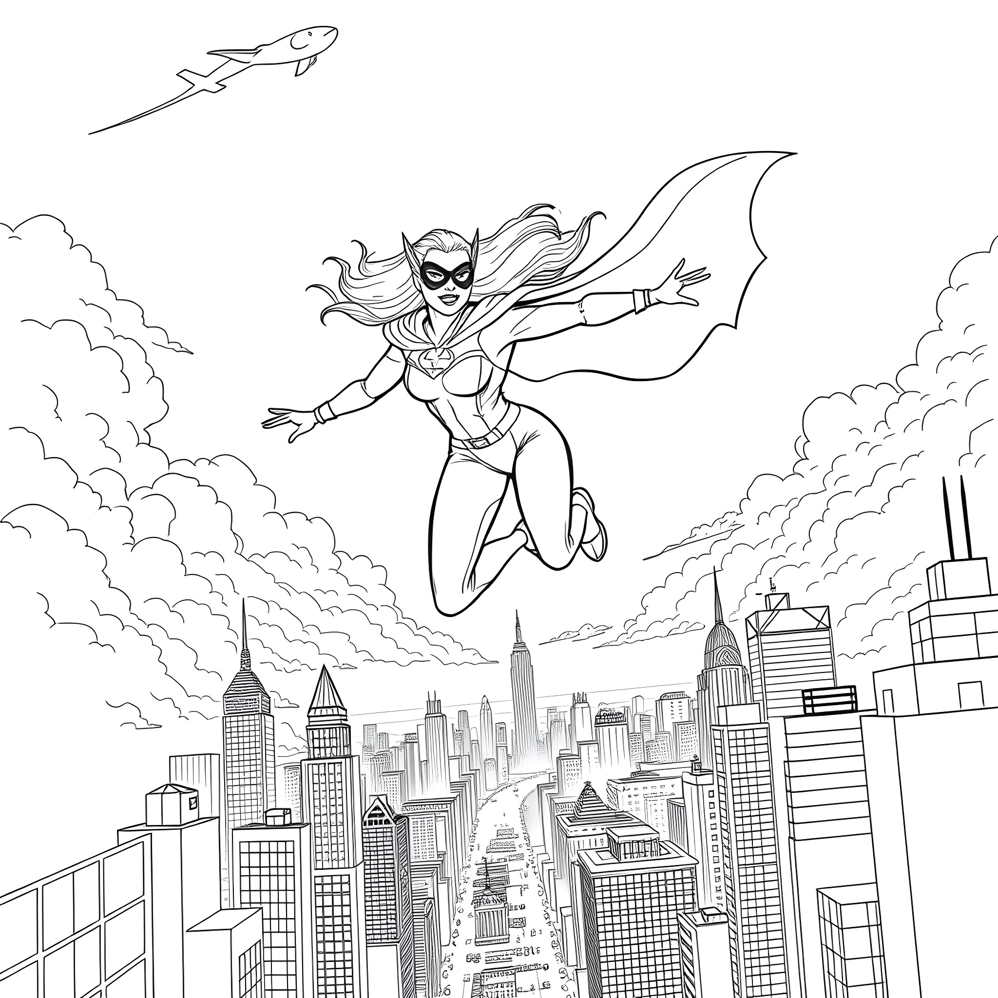 Superheroine Soaring Over the City Skyline Coloring Page (free black-and-white line drawing printable PDF for all, from beginners to advanced learners, including children, teens, adults, and seniors)