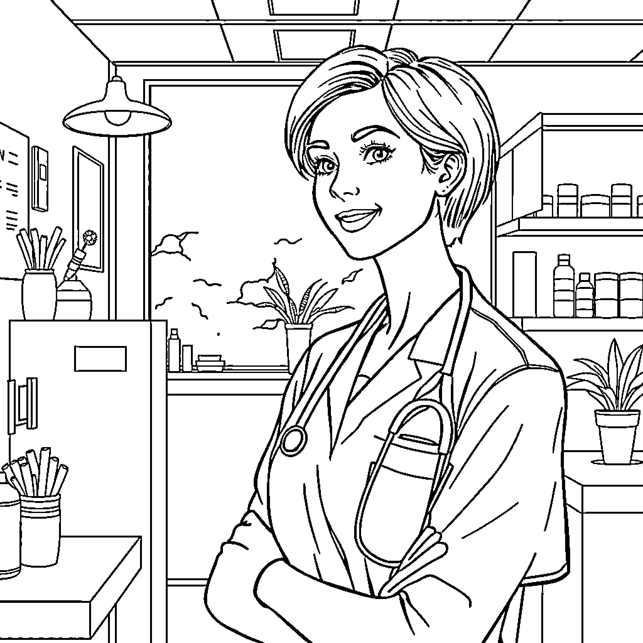 Female Dermatologist Examining Medical Examination Room Coloring Page (free black-and-white line drawing printable PDF for all, from beginners to advanced learners, including children, teens, adults, and seniors)
