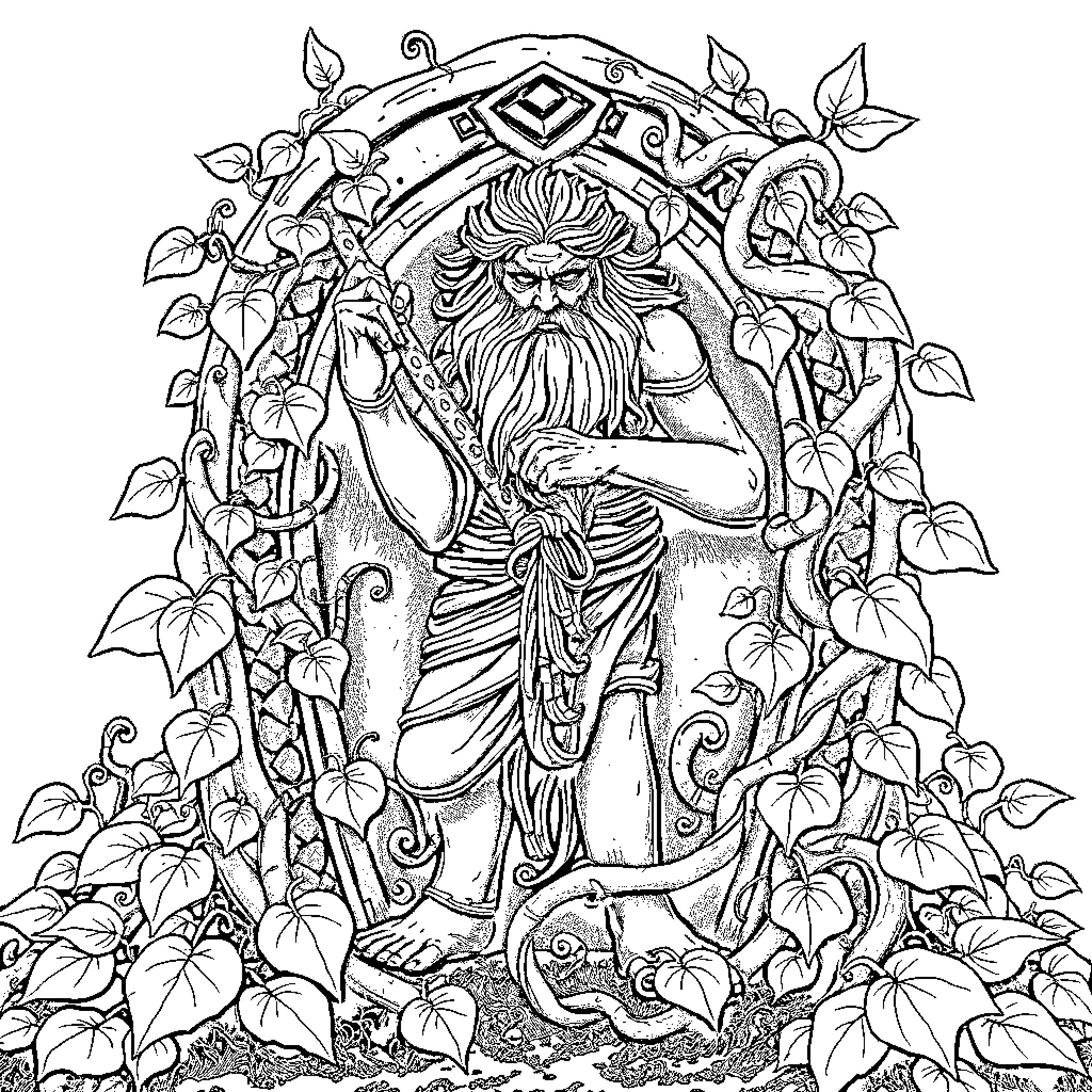 Greenman enthroned amidst lush foliage Coloring Page (free black-and-white line drawing printable PDF for all, from beginners to advanced learners, including children, teens, adults, and seniors)
