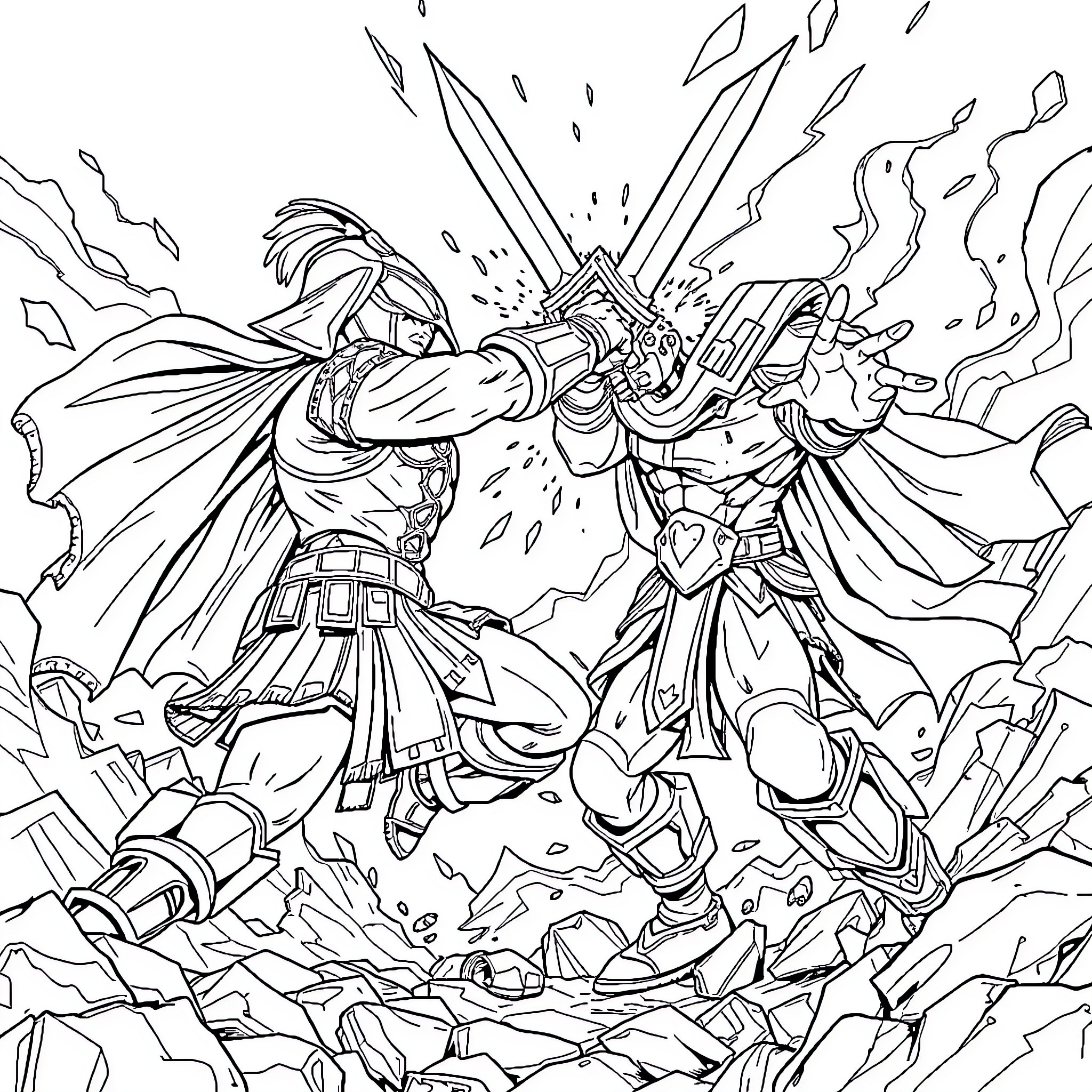 Ominiman Battle of Titans in Chaos Coloring Page (free black-and-white line drawing printable PDF for all, from beginners to advanced learners, including children, teens, adults, and seniors)