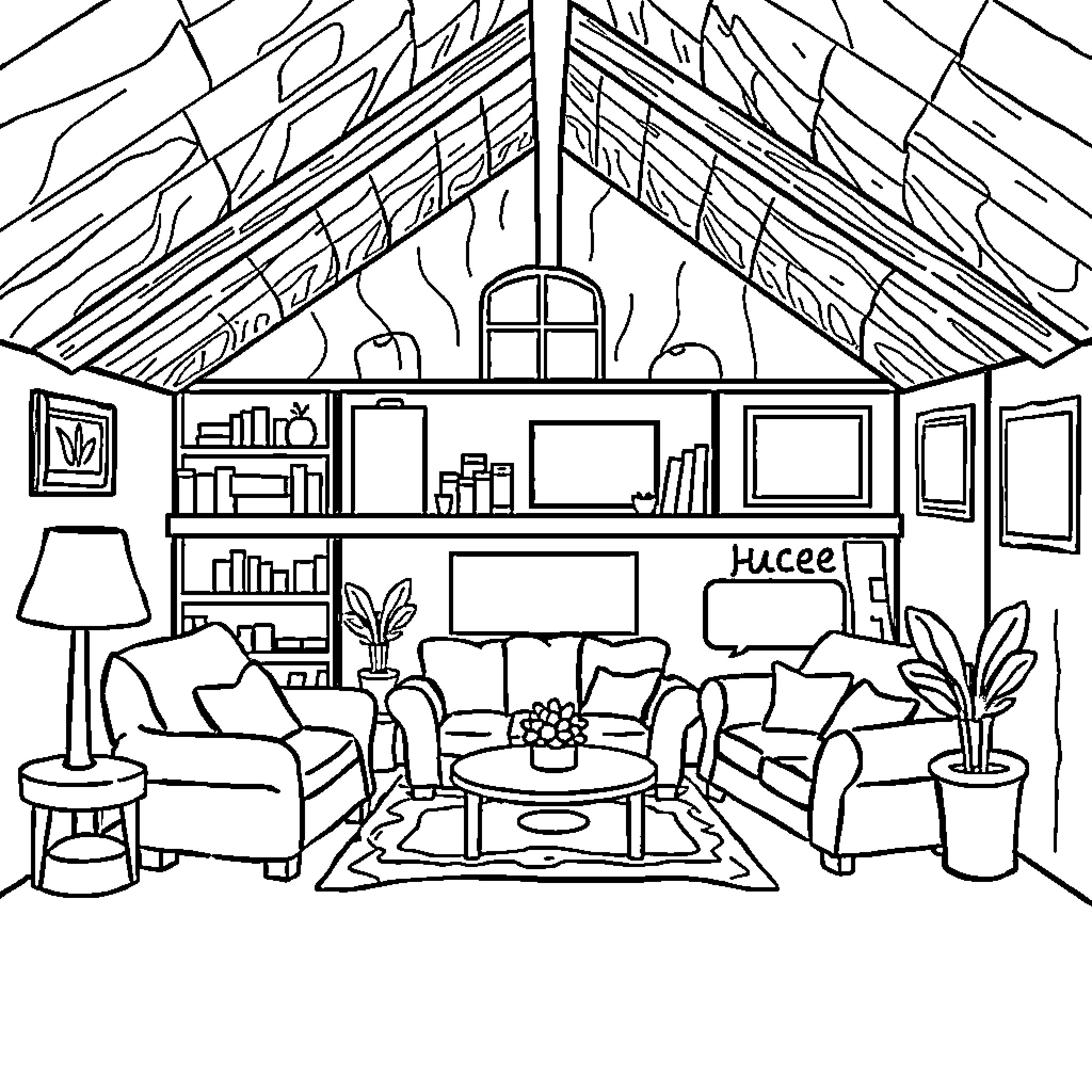 House with Cozy Living Room and Decor Coloring Page (free black-and-white line drawing printable PDF for all, from beginners to advanced learners, including children, teens, adults, and seniors)