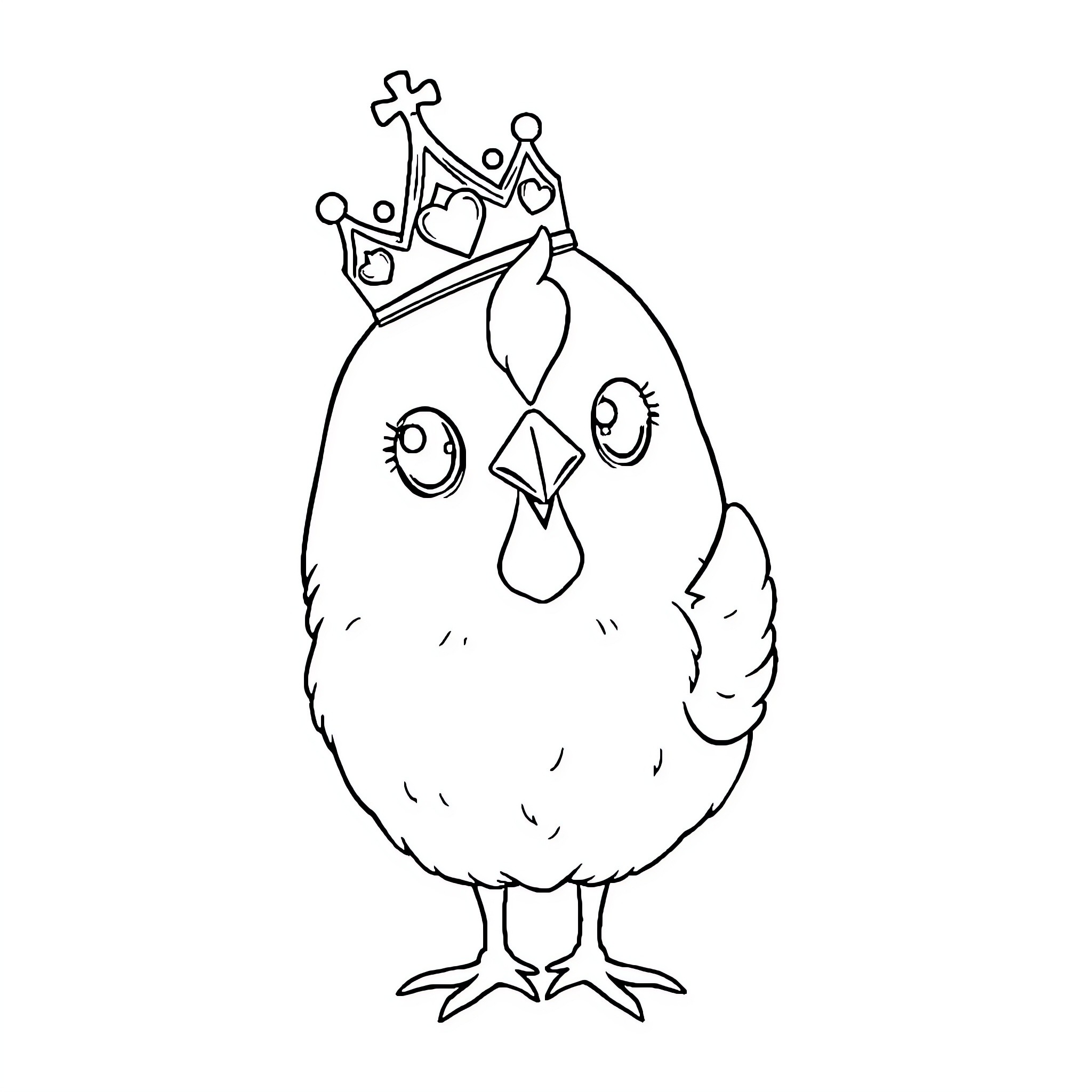 Chicken wearing a crown in a silly pose Coloring Page (free black-and-white line drawing printable PDF for all, from beginners to advanced learners, including children, teens, adults, and seniors)