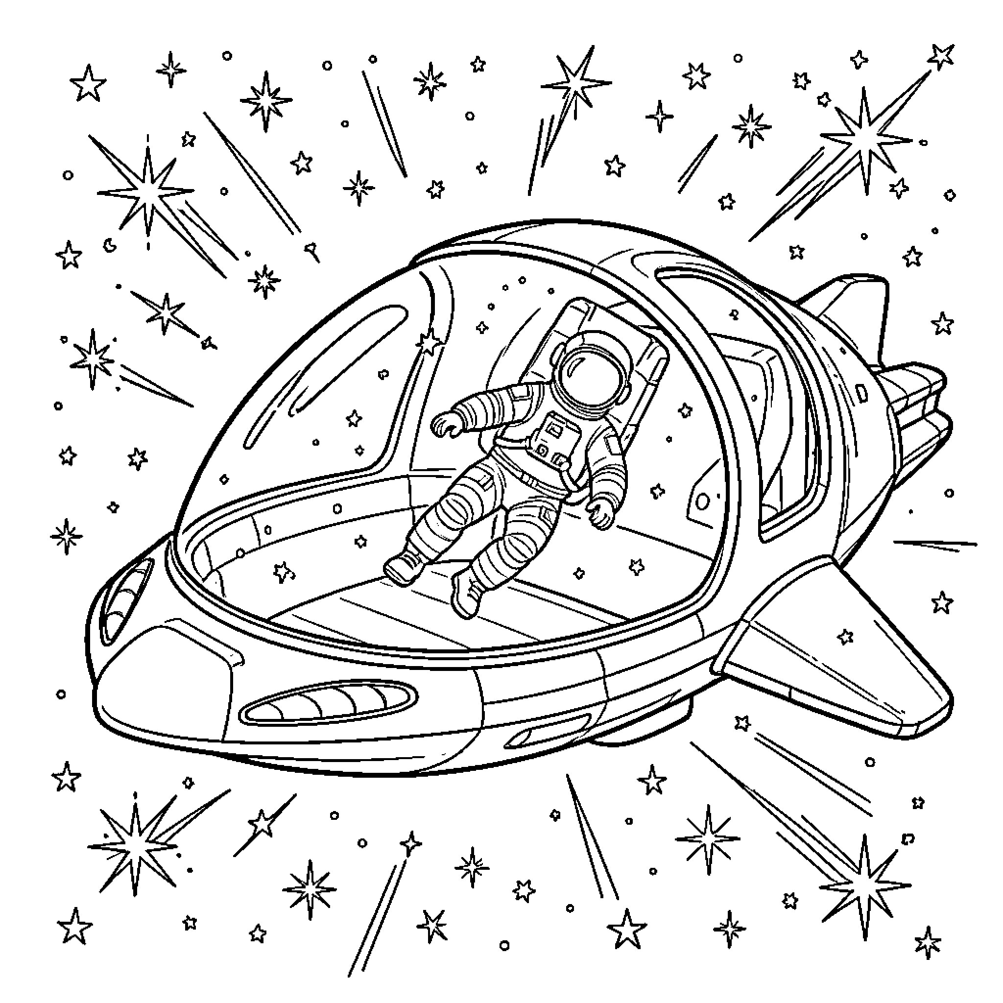 Vaisseau Spatial with Astronaut Exploring the Cosmos Coloring Page (free black-and-white line drawing printable PDF for all, from beginners to advanced learners, including children, teens, adults, and seniors)